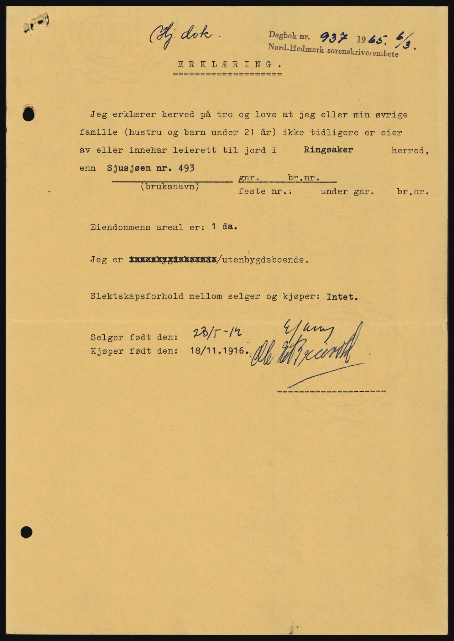 Nord-Hedmark sorenskriveri, SAH/TING-012/H/Hc/L0021: Pantebok nr. 21, 1964-1965, Dagboknr: 937/1965