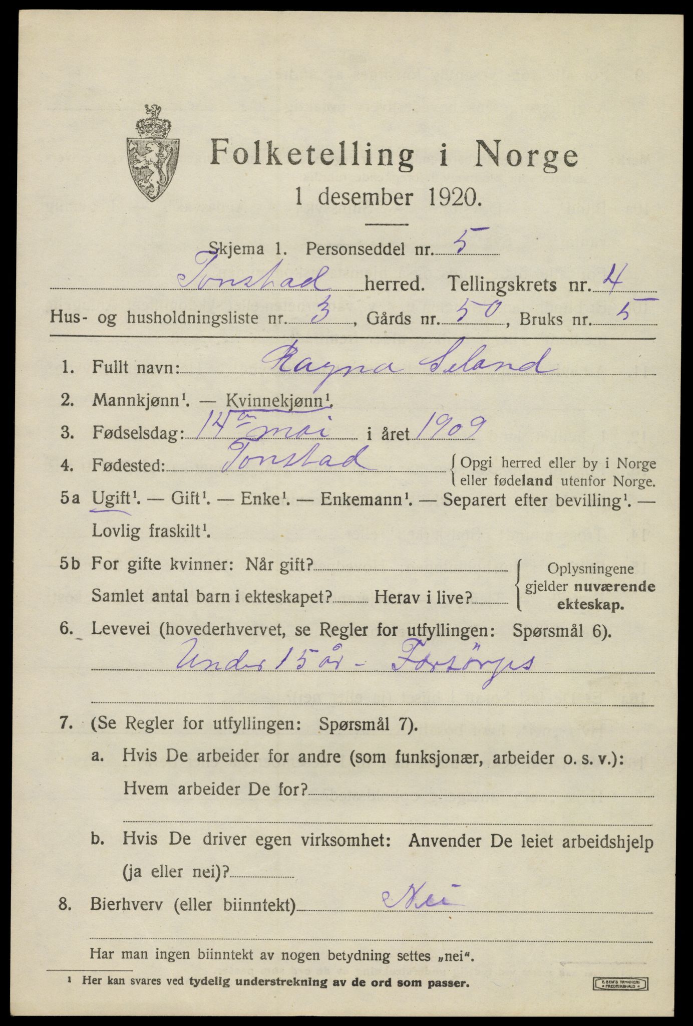 SAK, Folketelling 1920 for 1046 Tonstad herred, 1920, s. 1312