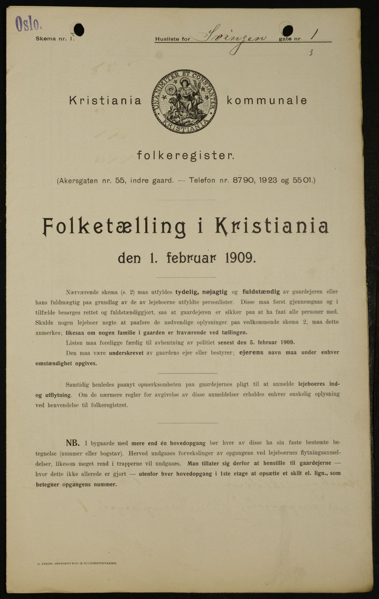 OBA, Kommunal folketelling 1.2.1909 for Kristiania kjøpstad, 1909, s. 95999