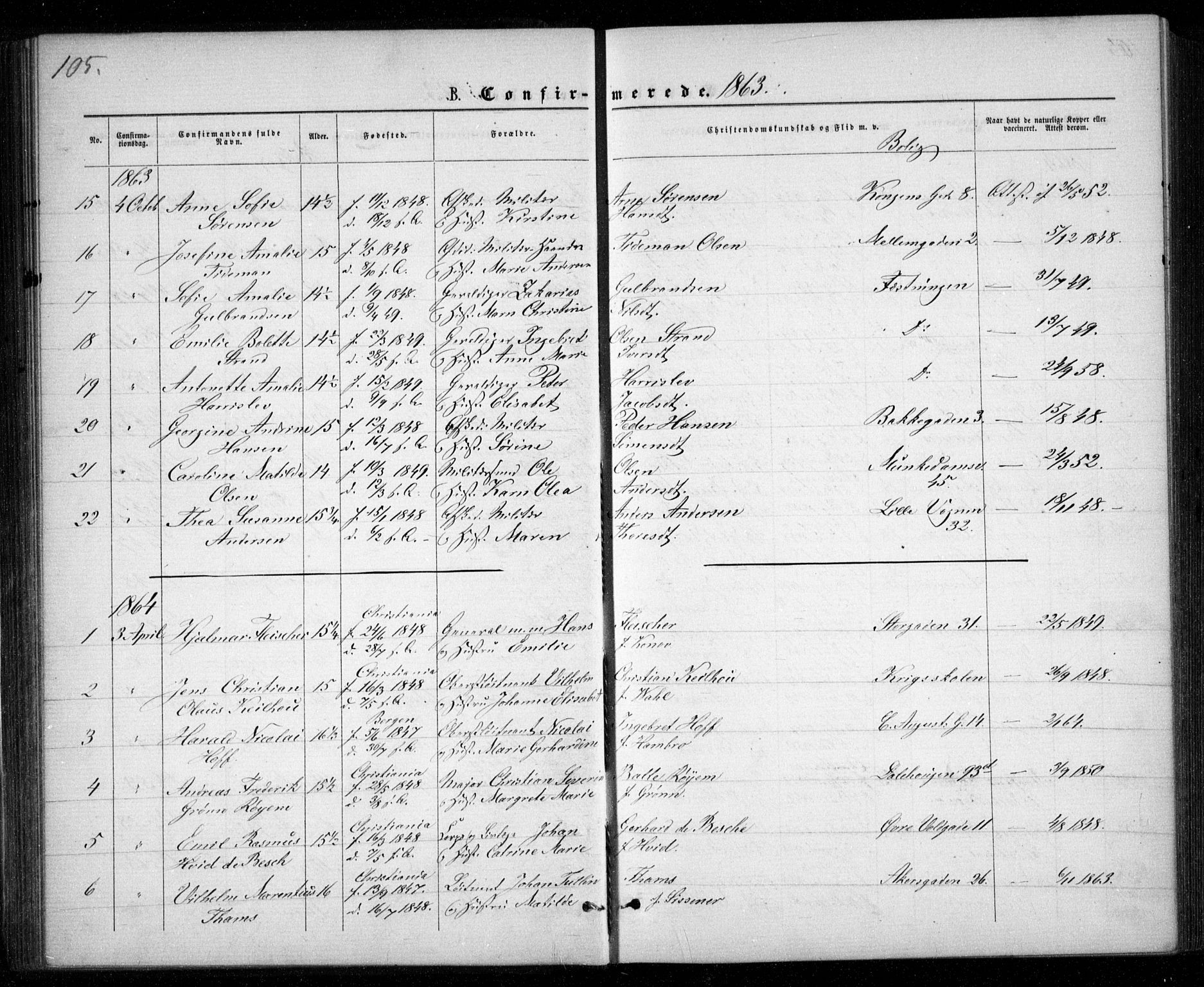 Garnisonsmenigheten Kirkebøker, AV/SAO-A-10846/G/Ga/L0006: Klokkerbok nr. 6, 1860-1880, s. 105