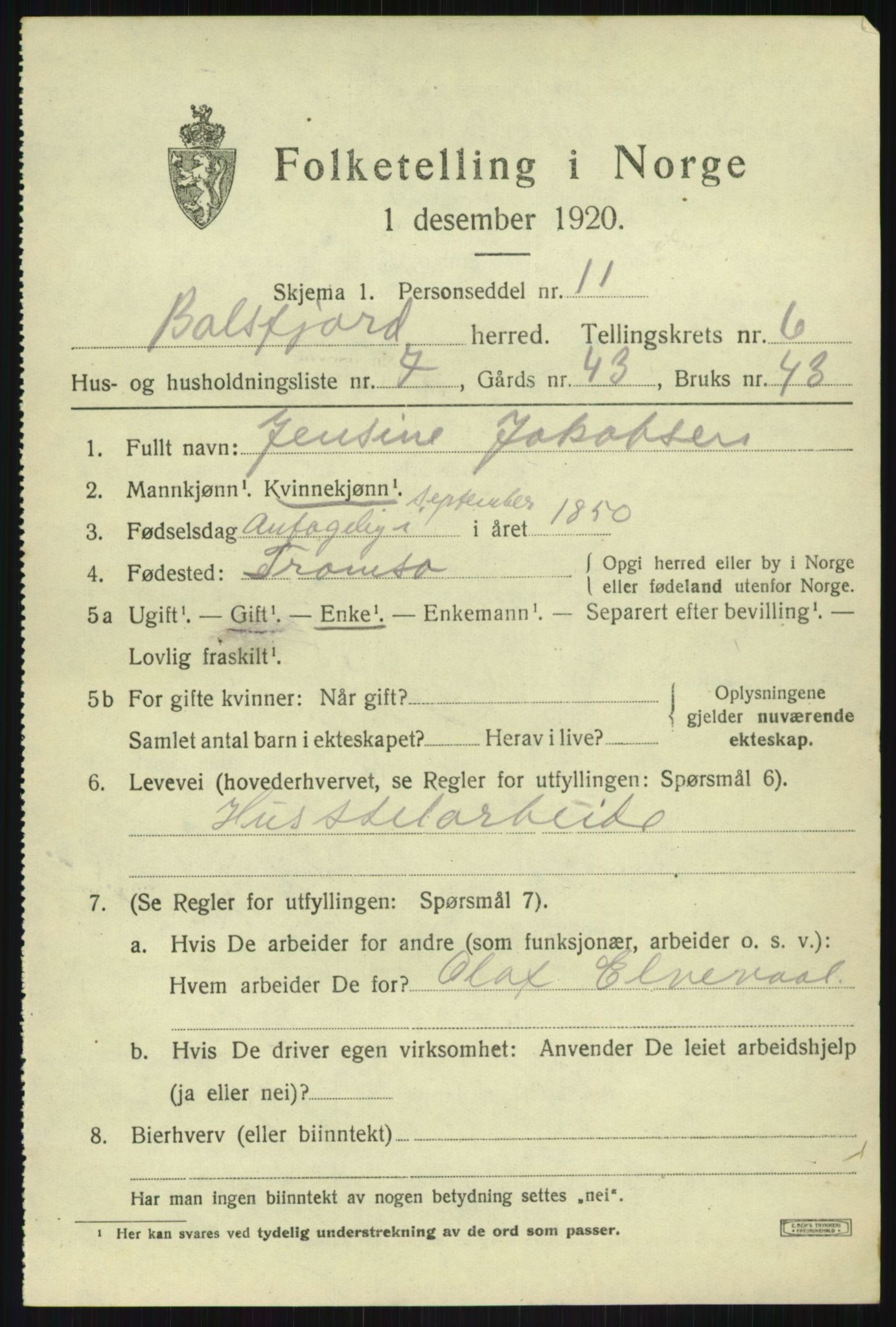 SATØ, Folketelling 1920 for 1933 Balsfjord herred, 1920, s. 3820