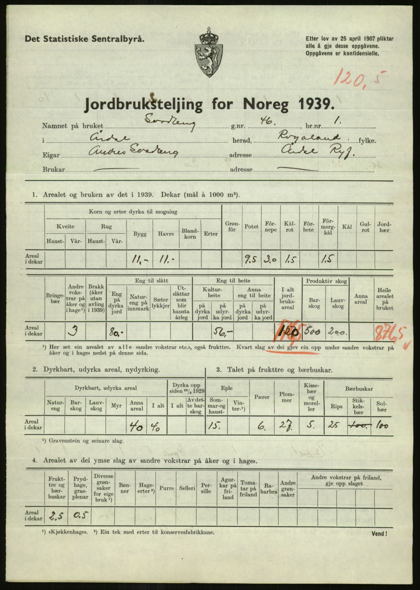 Statistisk sentralbyrå, Næringsøkonomiske emner, Jordbruk, skogbruk, jakt, fiske og fangst, AV/RA-S-2234/G/Gb/L0184: Rogaland: Årdal, Fister og Hjelmeland, 1939, s. 765