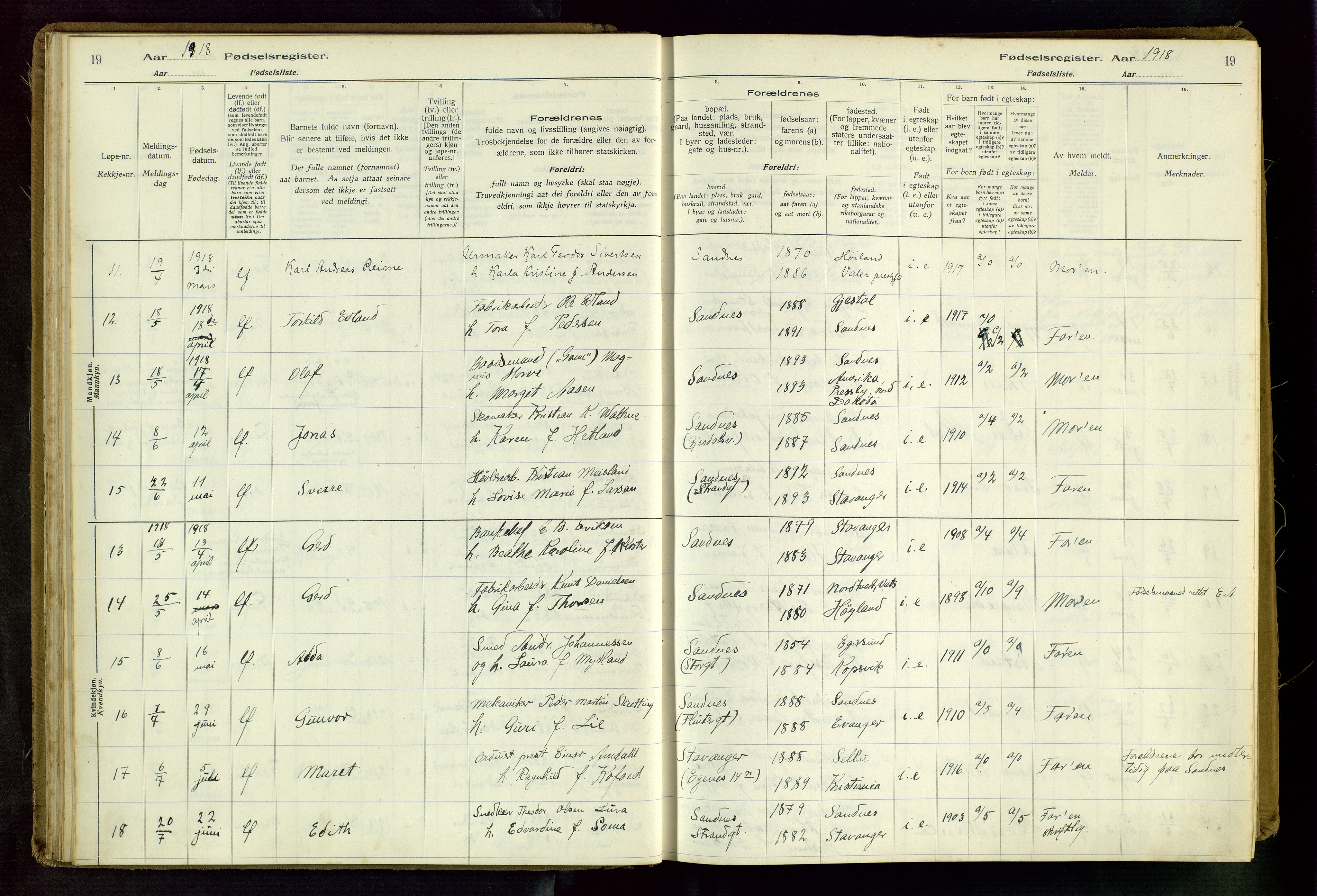 Sandnes sokneprestkontor, SAST/A-101800/704BA/L0001: Fødselsregister nr. 1, 1916-1942, s. 19