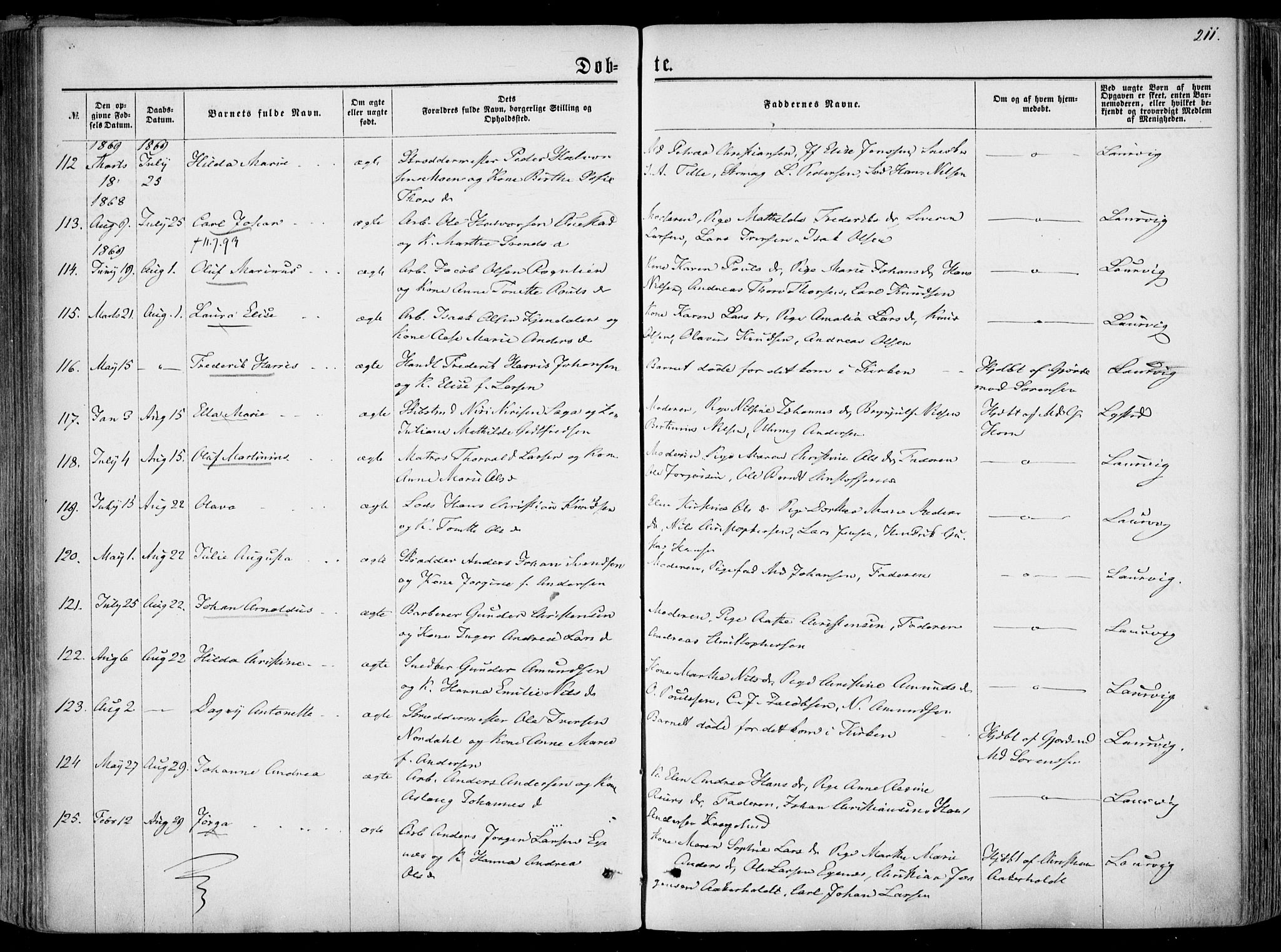 Larvik kirkebøker, AV/SAKO-A-352/F/Fa/L0004: Ministerialbok nr. I 4, 1856-1870, s. 211