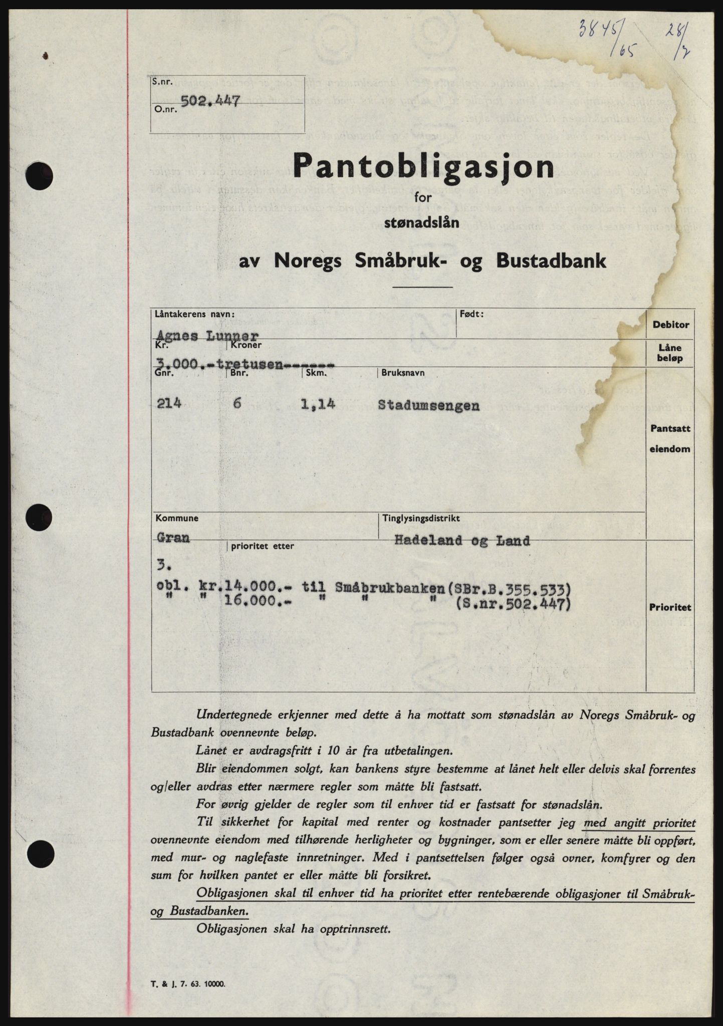 Hadeland og Land tingrett, SAH/TING-010/H/Hb/Hbc/L0059: Pantebok nr. B59, 1965-1965, Dagboknr: 3845/1965
