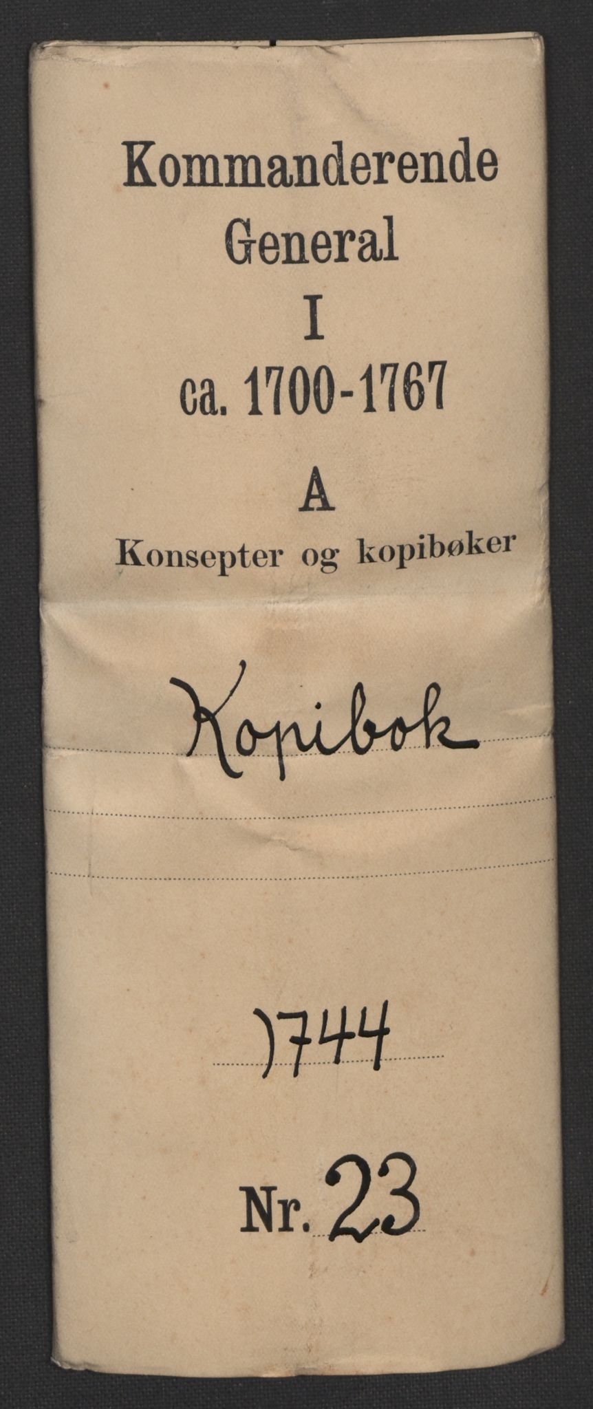 Kommanderende general (KG I) med Det norske krigsdirektorium, RA/EA-5419/B/L0023: Kommanderende generals kopibok, 1744