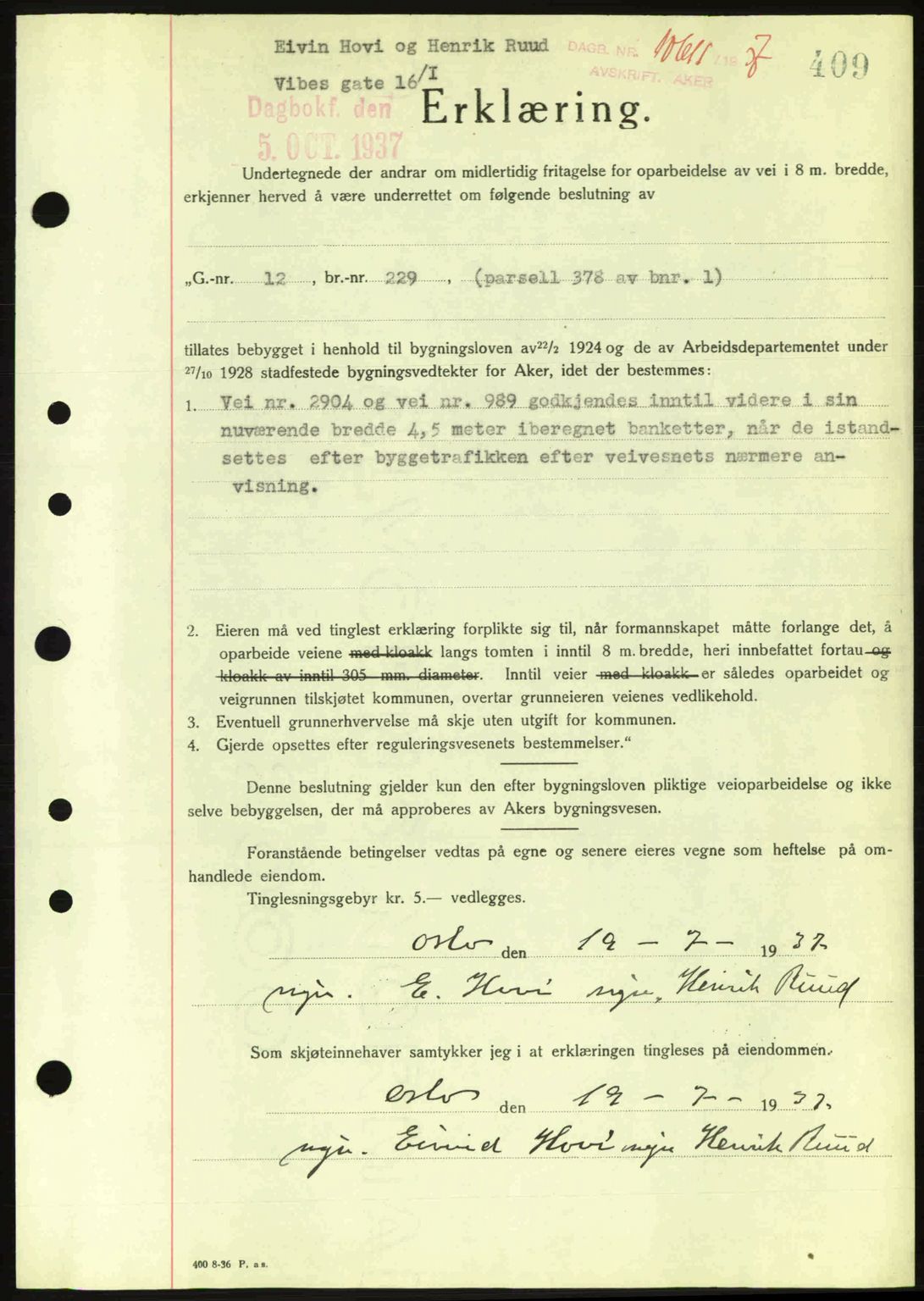 Aker herredsskriveri, SAO/A-10896/G/Gb/Gba/Gbab/L0017: Pantebok nr. A148, 1937-1937, Dagboknr: 10611/1937