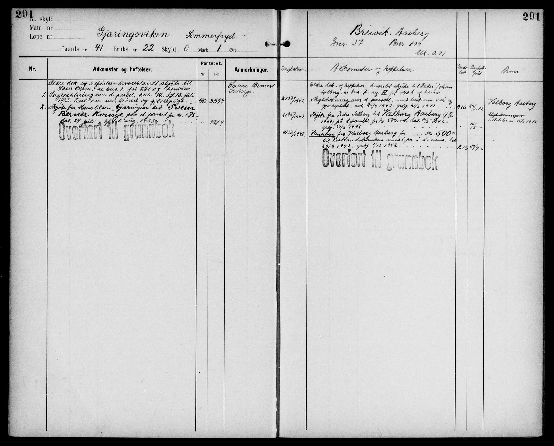 Midhordland sorenskriveri, AV/SAB-A-3001/1/G/Ga/Gab/L0109: Panteregister nr. II.A.b.109, s. 291