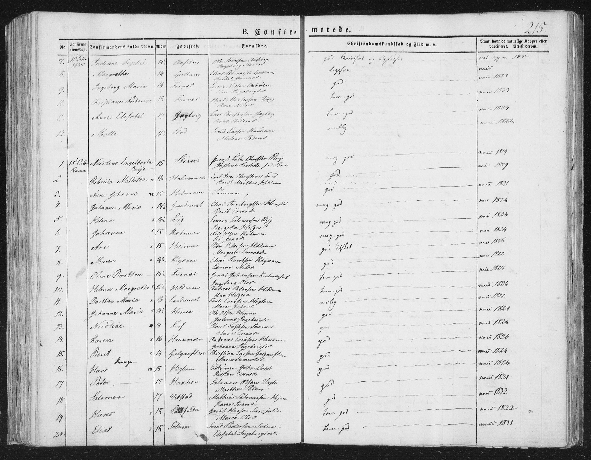 Ministerialprotokoller, klokkerbøker og fødselsregistre - Nord-Trøndelag, SAT/A-1458/764/L0551: Ministerialbok nr. 764A07a, 1824-1864, s. 215