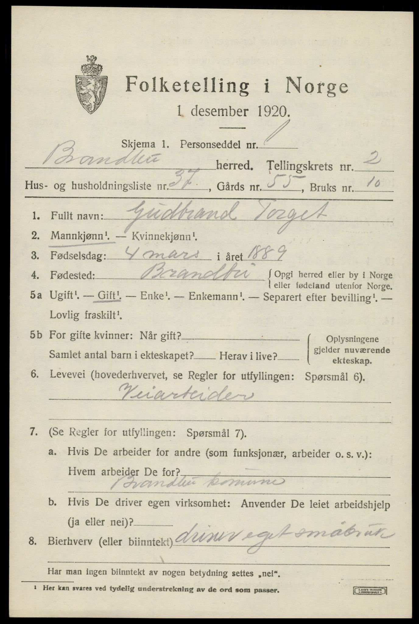 SAH, Folketelling 1920 for 0535 Brandbu herred, 1920, s. 3903