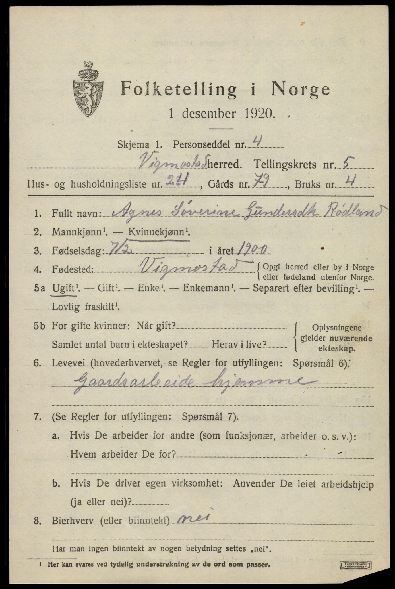 SAK, Folketelling 1920 for 1028 Vigmostad herred, 1920, s. 1905