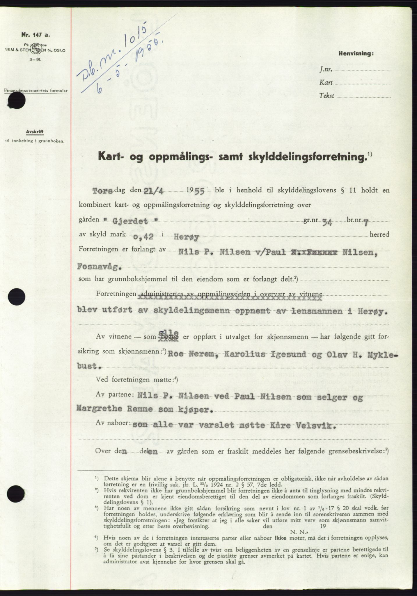 Søre Sunnmøre sorenskriveri, SAT/A-4122/1/2/2C/L0100: Pantebok nr. 26A, 1954-1955, Dagboknr: 1015/1955