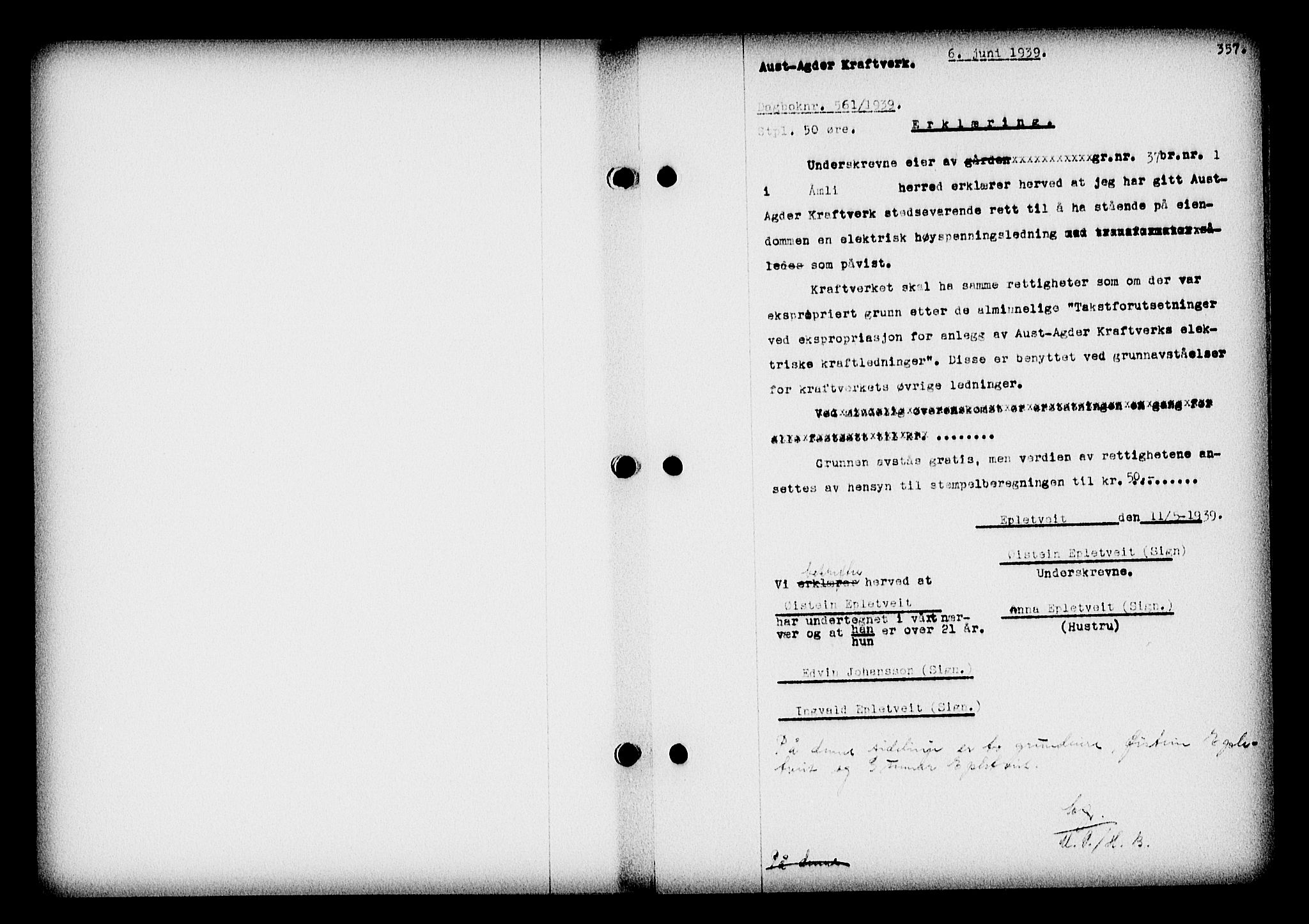 Nedenes sorenskriveri, SAK/1221-0006/G/Gb/Gba/L0046: Pantebok nr. 42, 1938-1939, Dagboknr: 561/1939