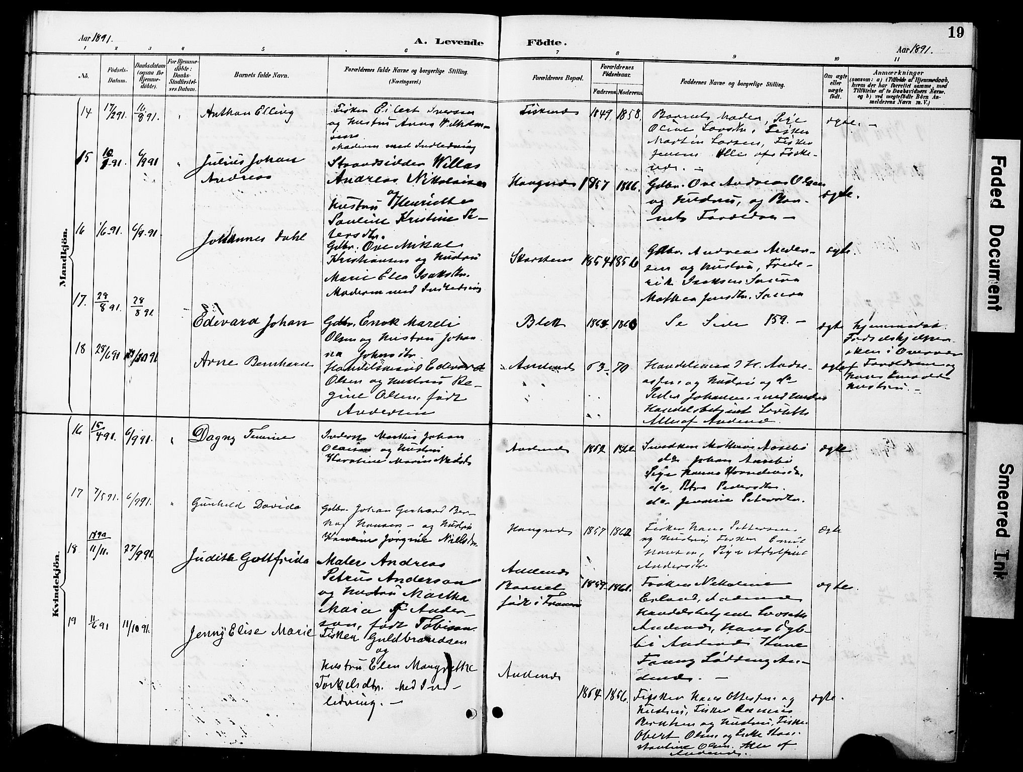 Ministerialprotokoller, klokkerbøker og fødselsregistre - Nordland, AV/SAT-A-1459/899/L1448: Klokkerbok nr. 899C03, 1887-1902, s. 19
