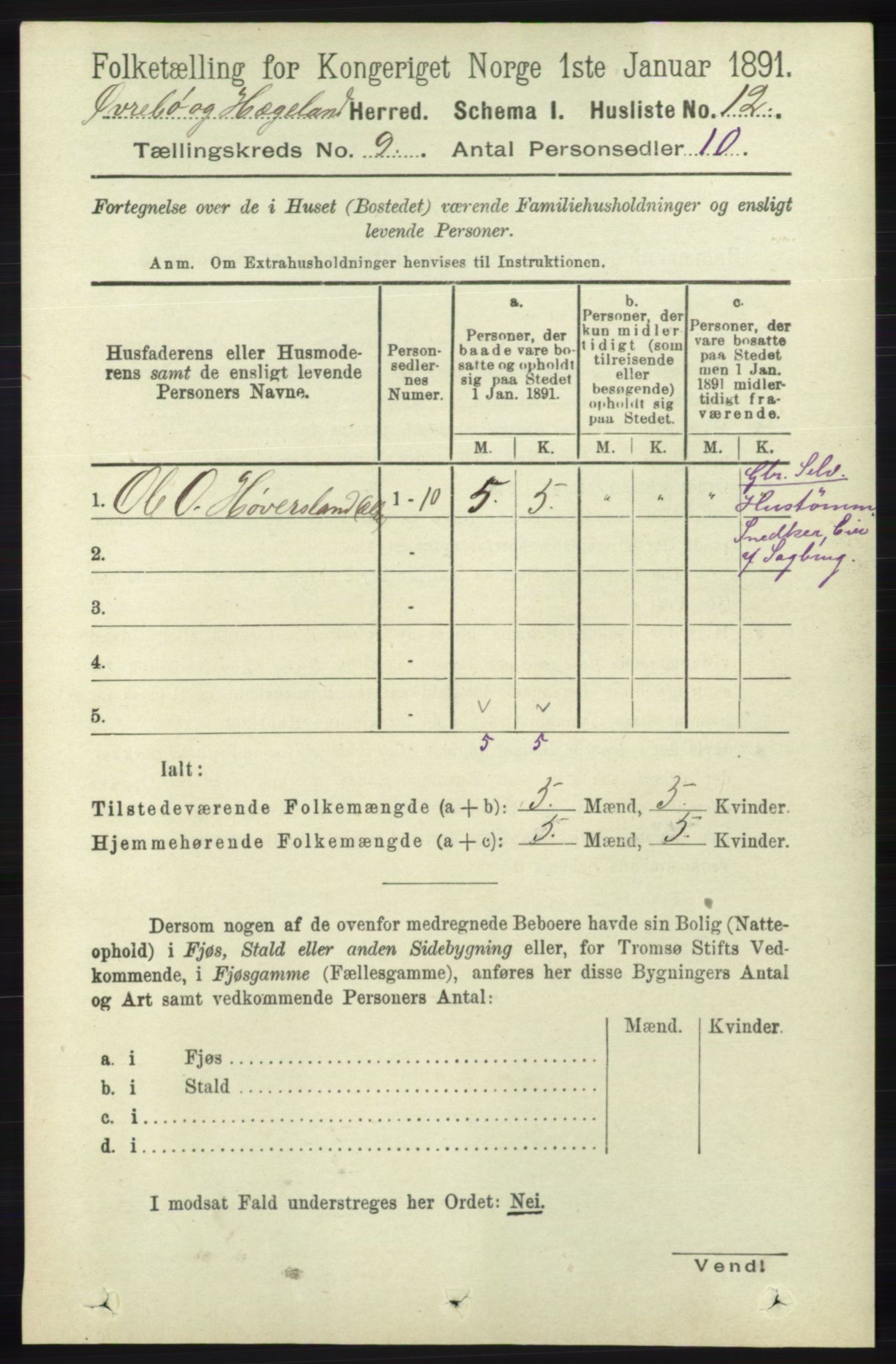 RA, Folketelling 1891 for 1016 Øvrebø og Hægeland herred, 1891, s. 1713