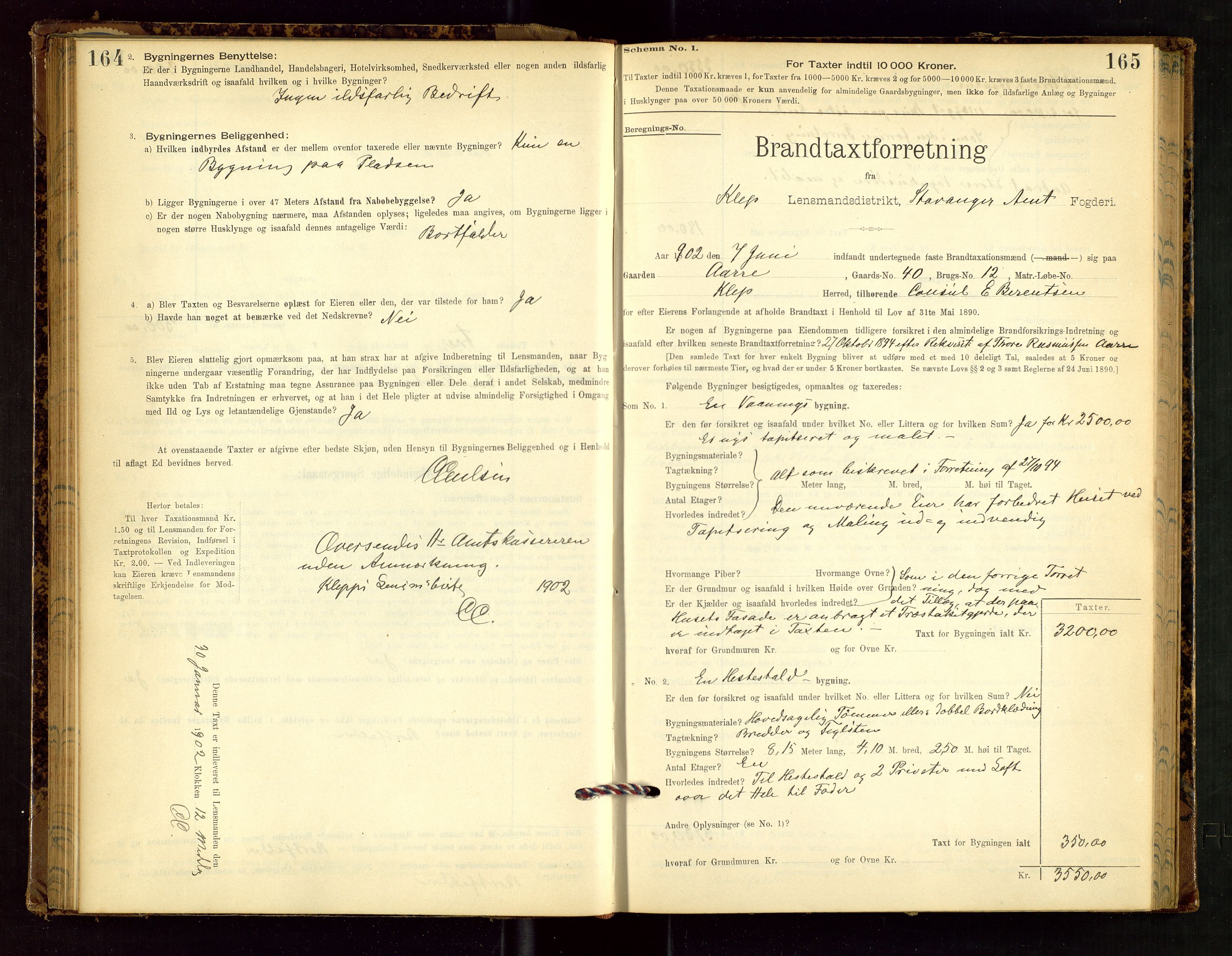 Klepp lensmannskontor, AV/SAST-A-100163/Goc/L0002: "Brandtaxationsprotokol" m/register, 1898-1902, s. 164-165