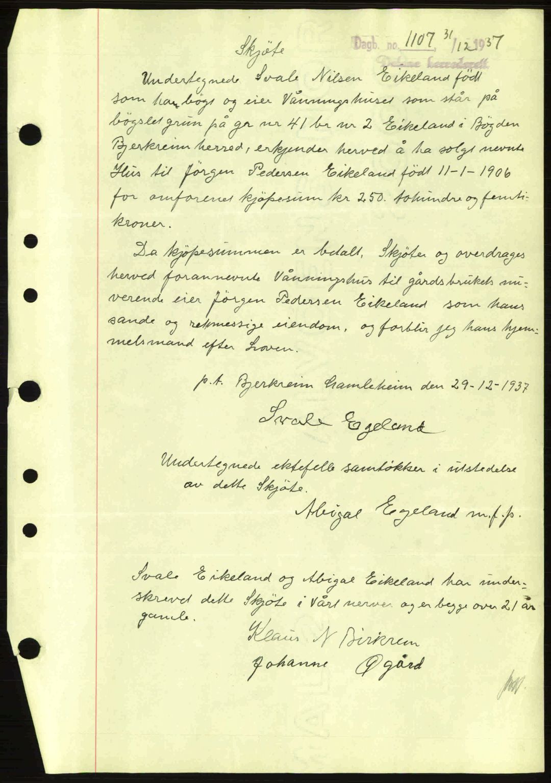 Dalane sorenskriveri, SAST/A-100309/02/G/Gb/L0041: Pantebok nr. A2, 1936-1937, Dagboknr: 1107/1937