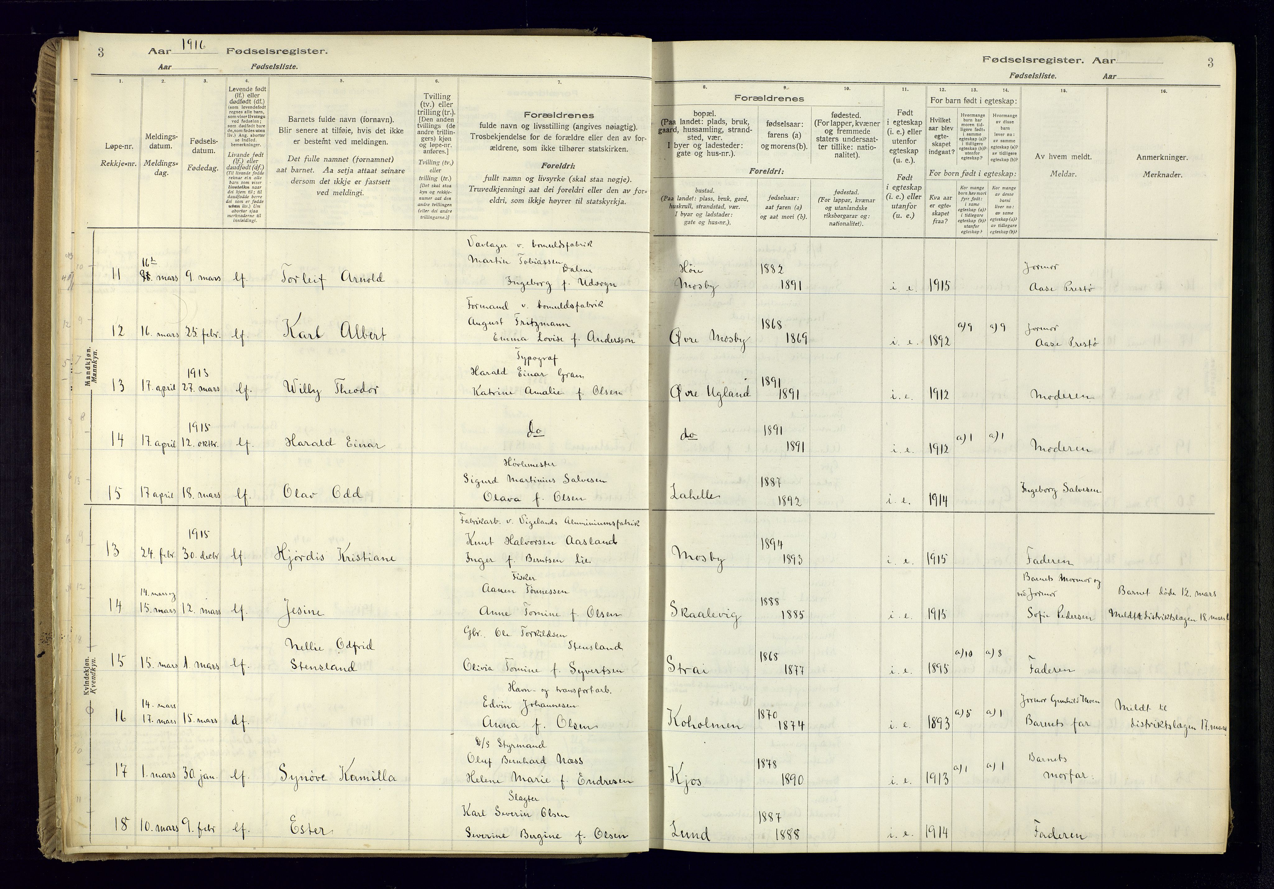 Oddernes sokneprestkontor, AV/SAK-1111-0033/J/Ja/L0001: Fødselsregister nr. 1, 1916-1935, s. 3