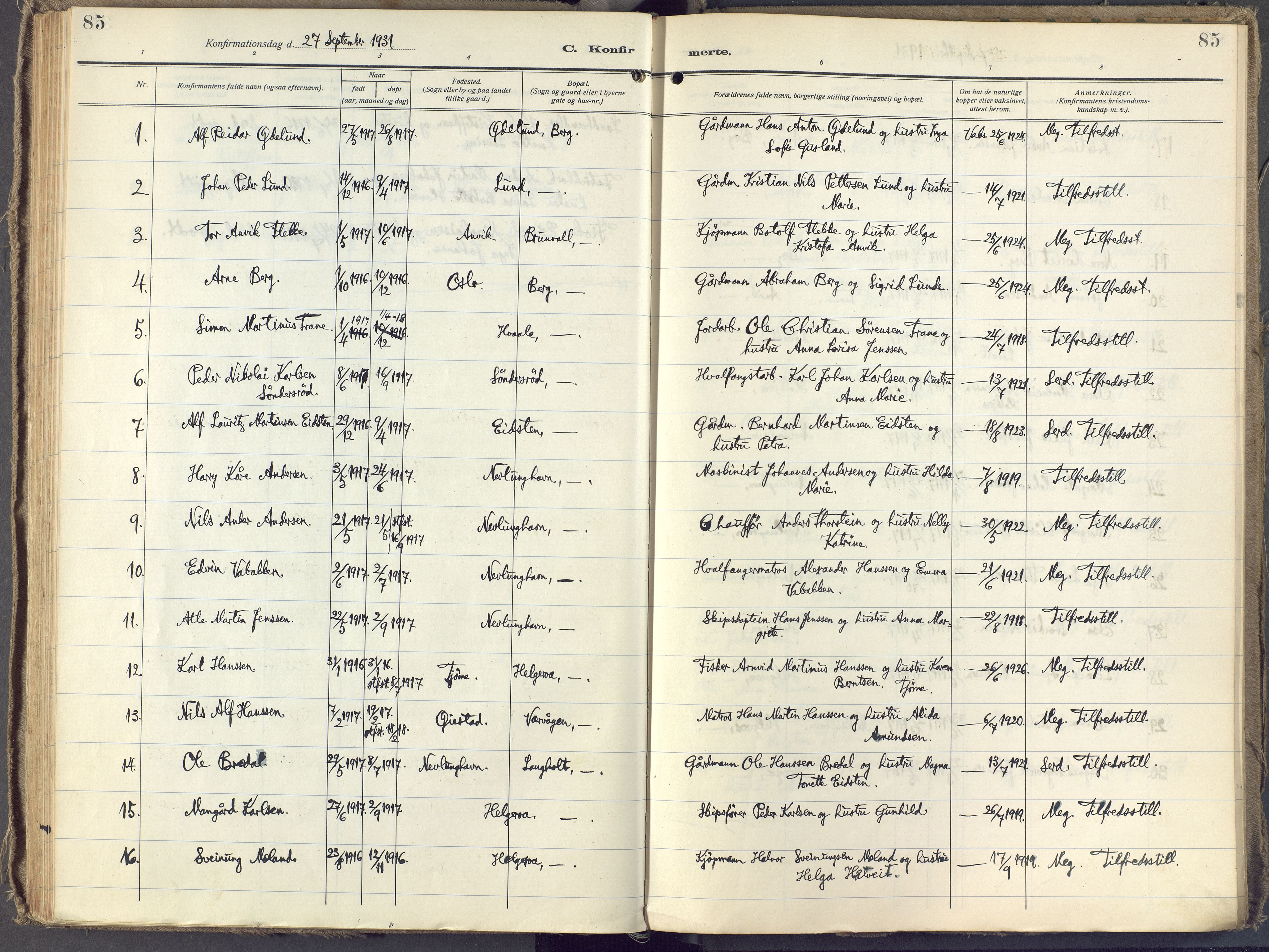 Brunlanes kirkebøker, SAKO/A-342/F/Fb/L0004: Ministerialbok nr. II 4, 1923-1940, s. 85