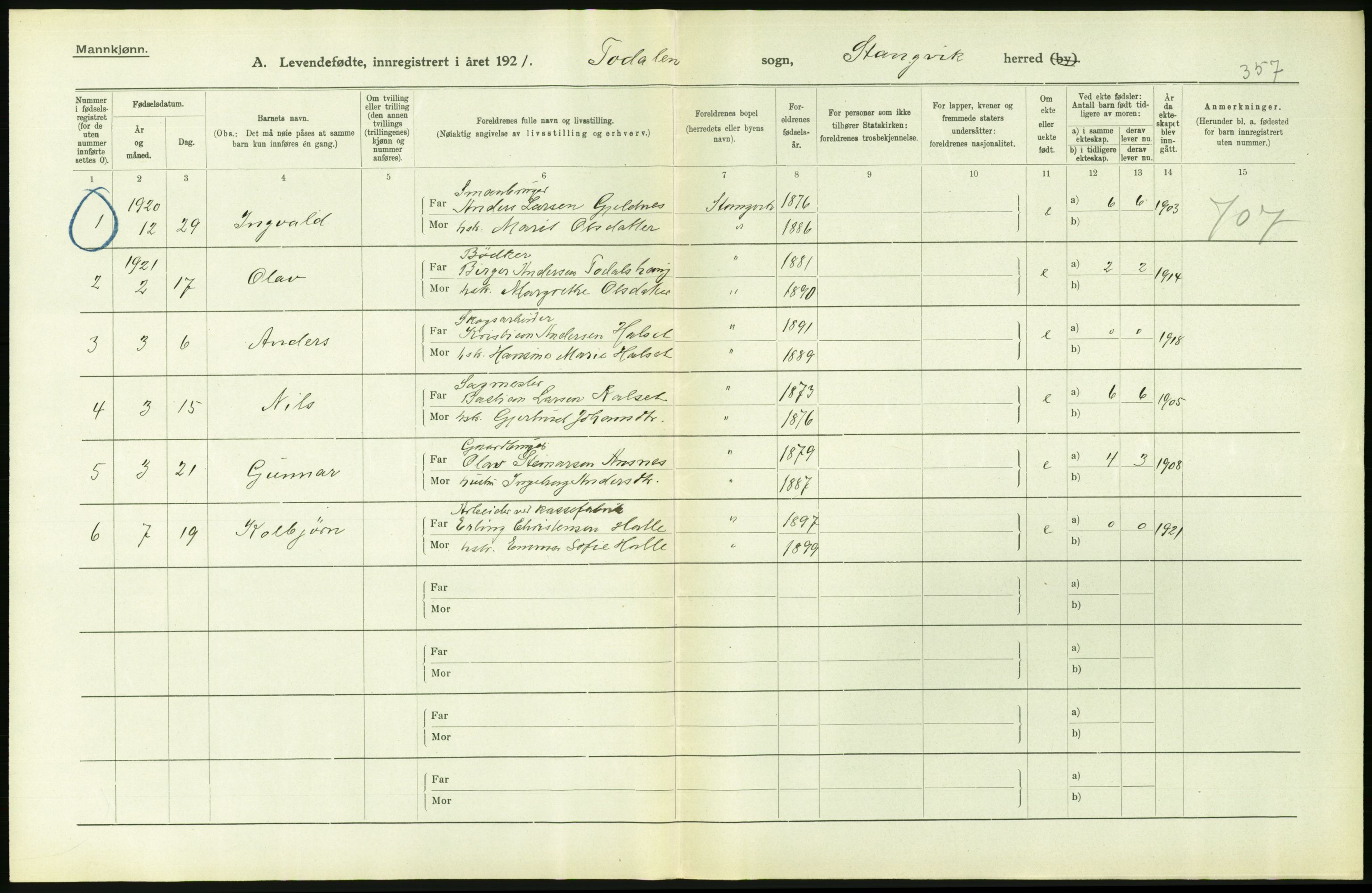 Statistisk sentralbyrå, Sosiodemografiske emner, Befolkning, AV/RA-S-2228/D/Df/Dfc/Dfca/L0040: Møre fylke: Levendefødte menn og kvinner. Bygder., 1921, s. 590