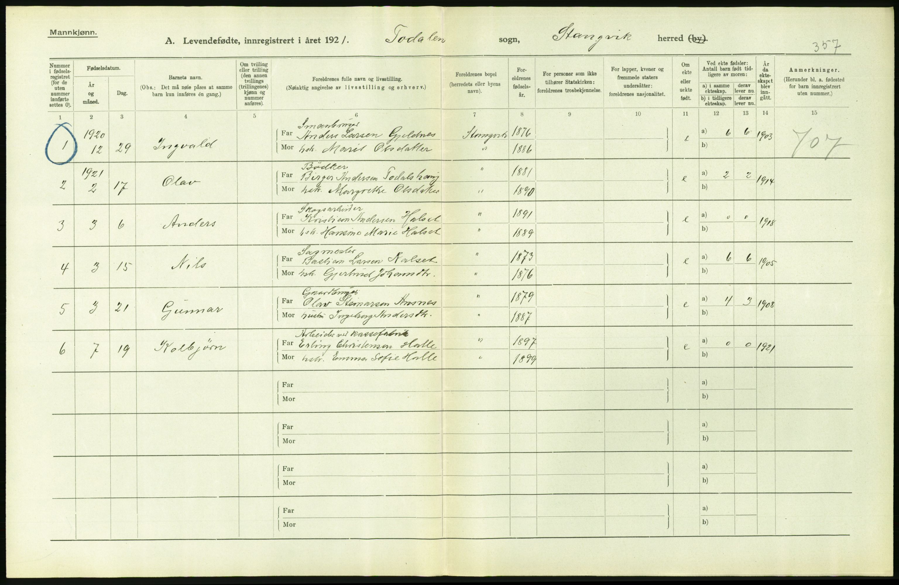 Statistisk sentralbyrå, Sosiodemografiske emner, Befolkning, RA/S-2228/D/Df/Dfc/Dfca/L0040: Møre fylke: Levendefødte menn og kvinner. Bygder., 1921, s. 590