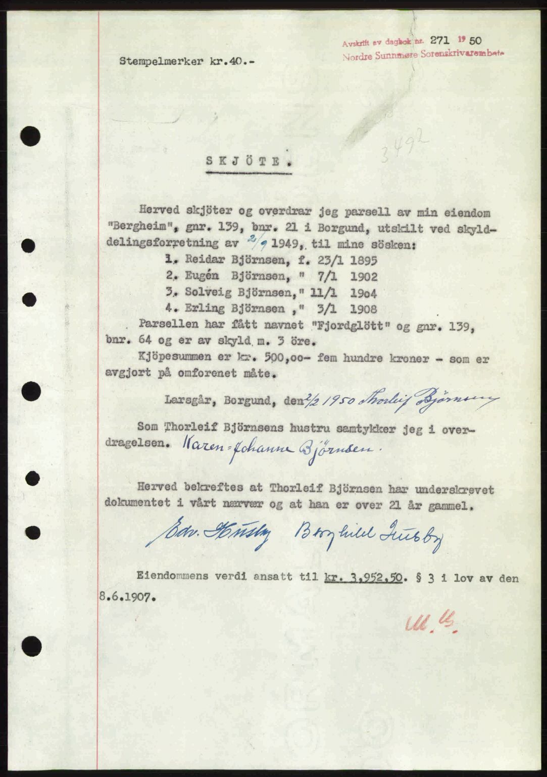 Nordre Sunnmøre sorenskriveri, AV/SAT-A-0006/1/2/2C/2Ca: Pantebok nr. A33, 1949-1950, Dagboknr: 271/1950