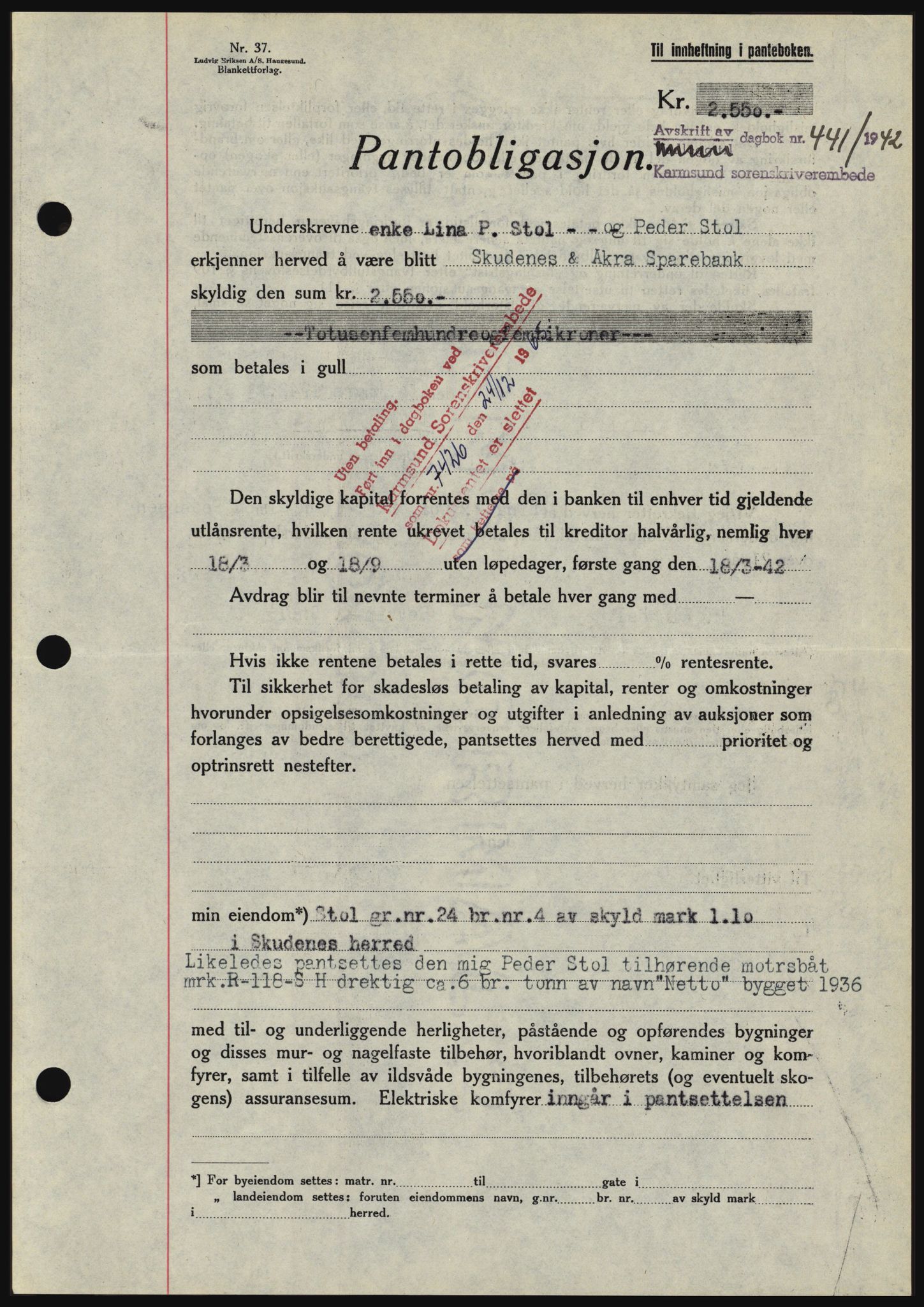 Karmsund sorenskriveri, SAST/A-100311/01/II/IIBBE/L0008: Pantebok nr. B 54, 1942-1943, Dagboknr: 441/1942
