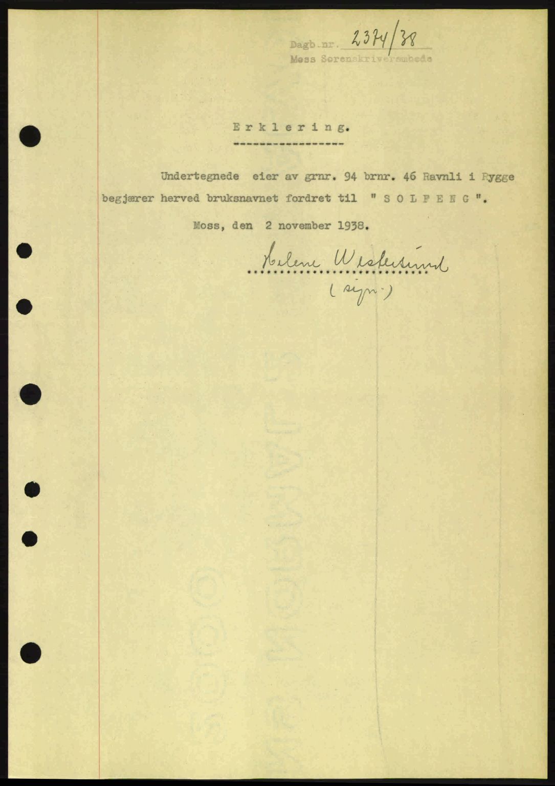 Moss sorenskriveri, SAO/A-10168: Pantebok nr. A5, 1938-1939, Dagboknr: 2374/1938