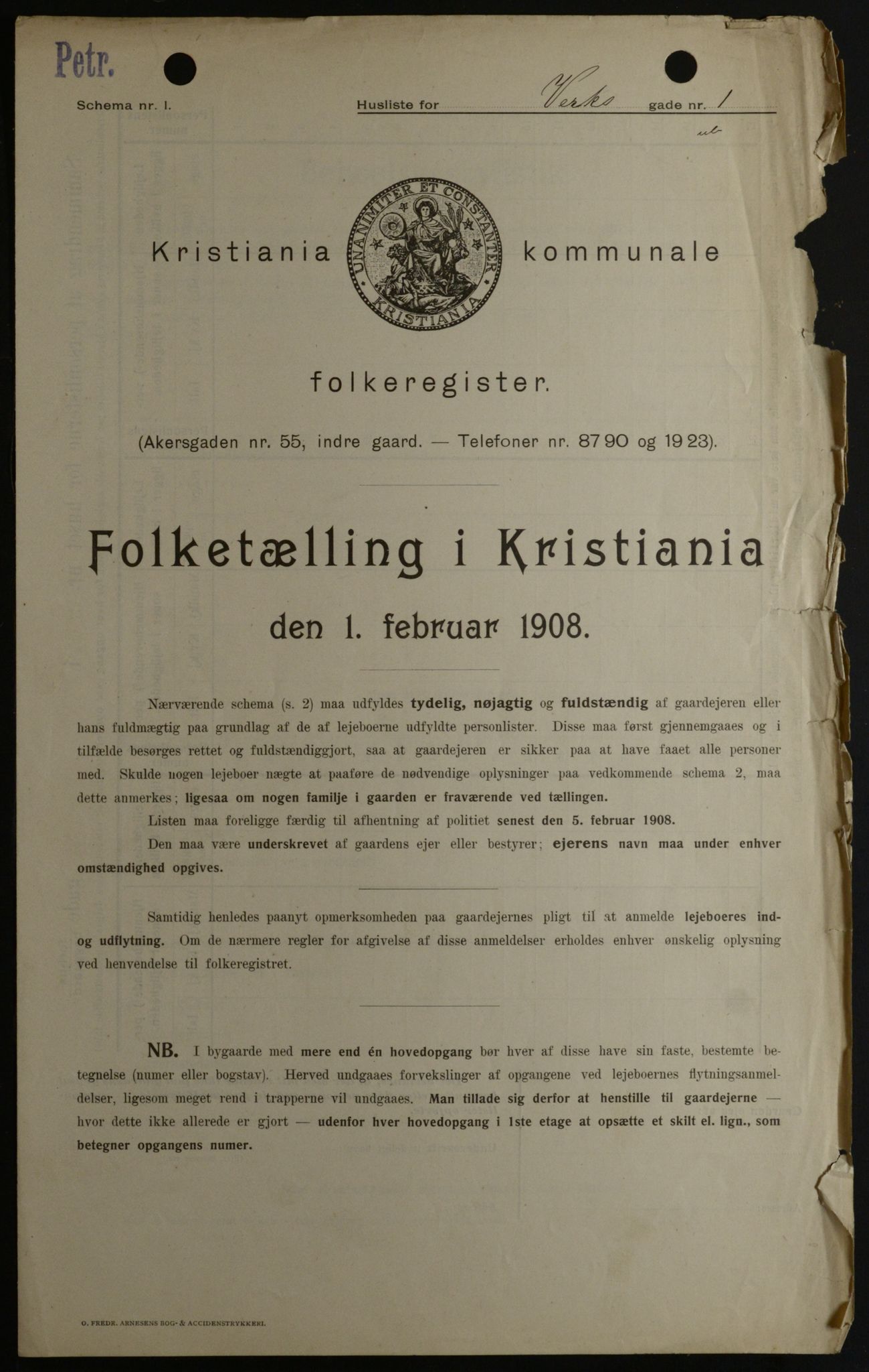 OBA, Kommunal folketelling 1.2.1908 for Kristiania kjøpstad, 1908, s. 109453