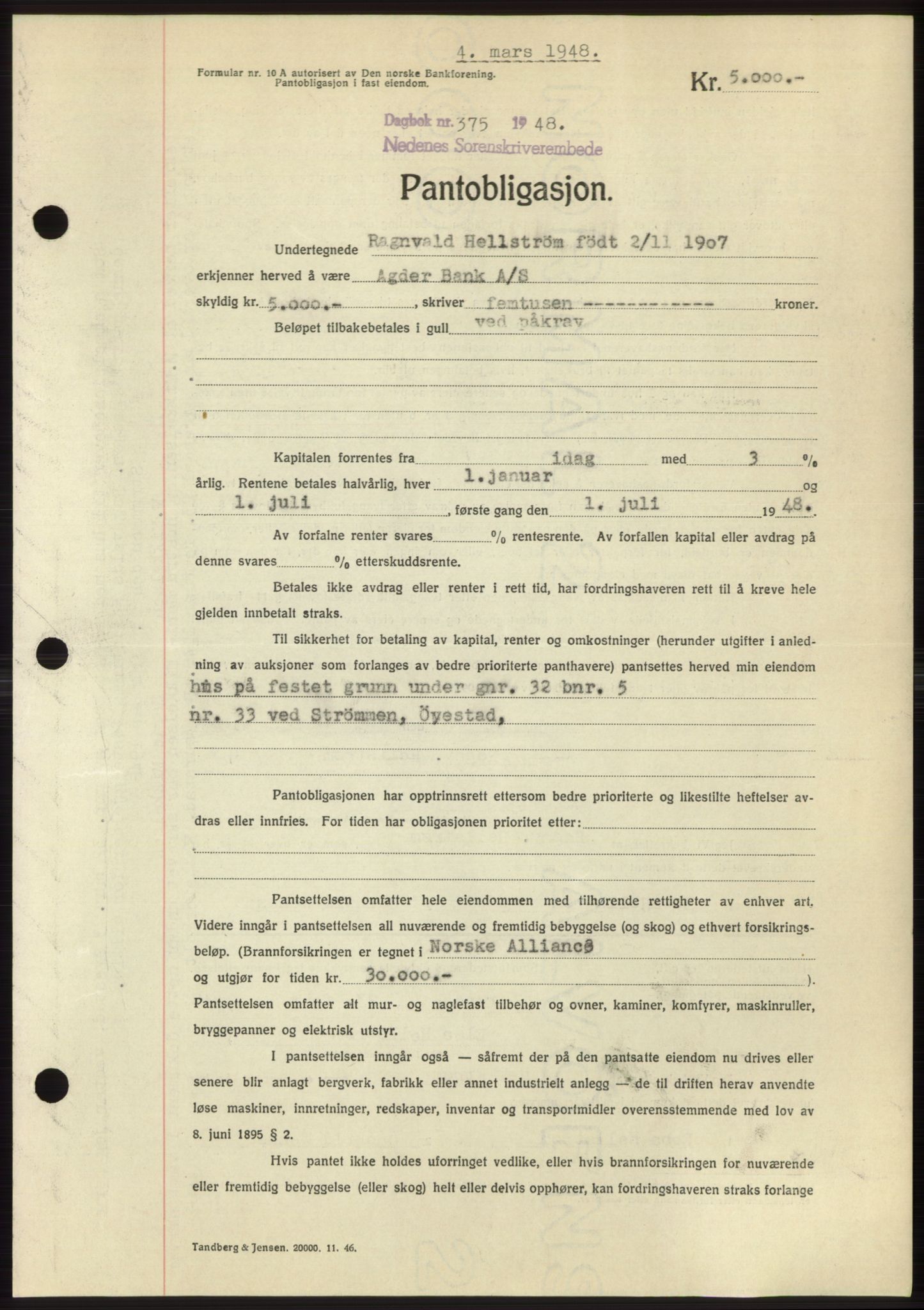 Nedenes sorenskriveri, AV/SAK-1221-0006/G/Gb/Gbb/L0005: Pantebok nr. B5, 1948-1948, Dagboknr: 375/1948