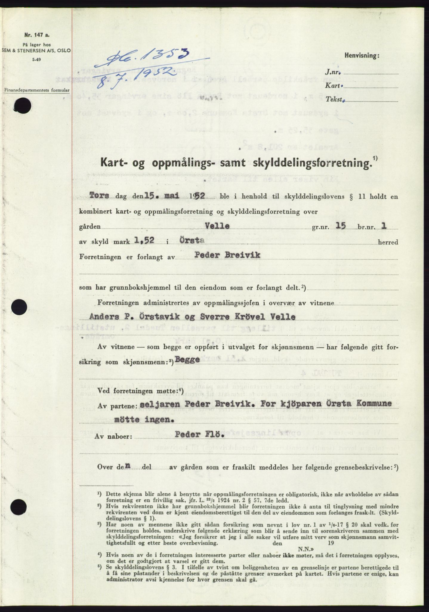 Søre Sunnmøre sorenskriveri, AV/SAT-A-4122/1/2/2C/L0092: Pantebok nr. 18A, 1952-1952, Dagboknr: 1353/1952