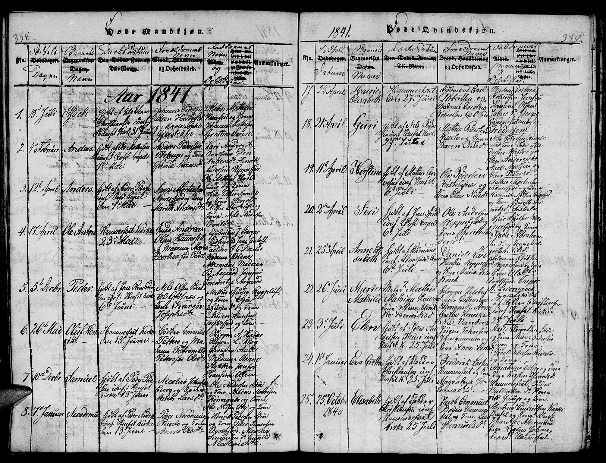 Hammerfest sokneprestkontor, AV/SATØ-S-1347/H/Hb/L0001.klokk: Klokkerbok nr. 1, 1822-1850, s. 358-359