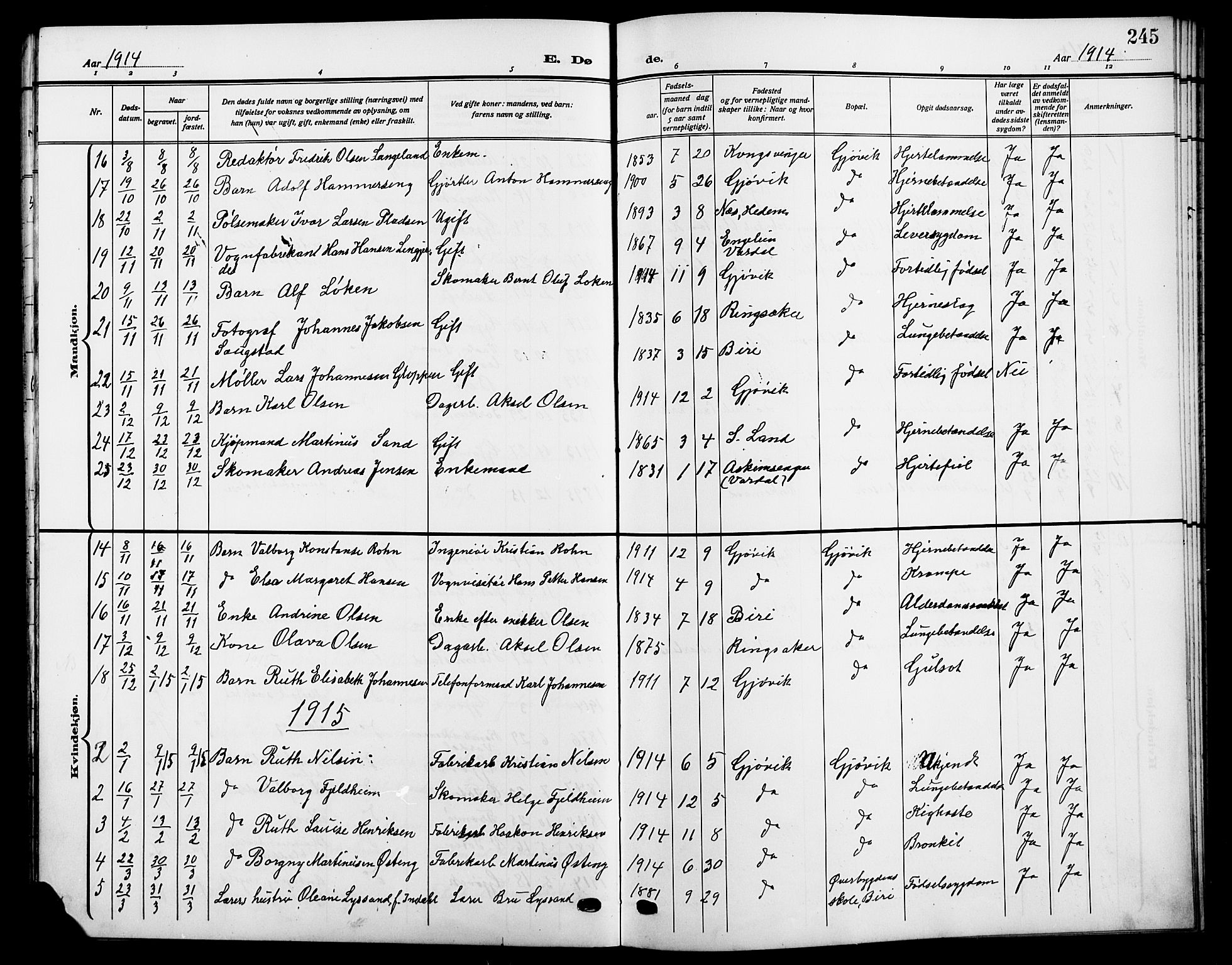 Vardal prestekontor, AV/SAH-PREST-100/H/Ha/Hab/L0014: Klokkerbok nr. 14, 1911-1922, s. 245