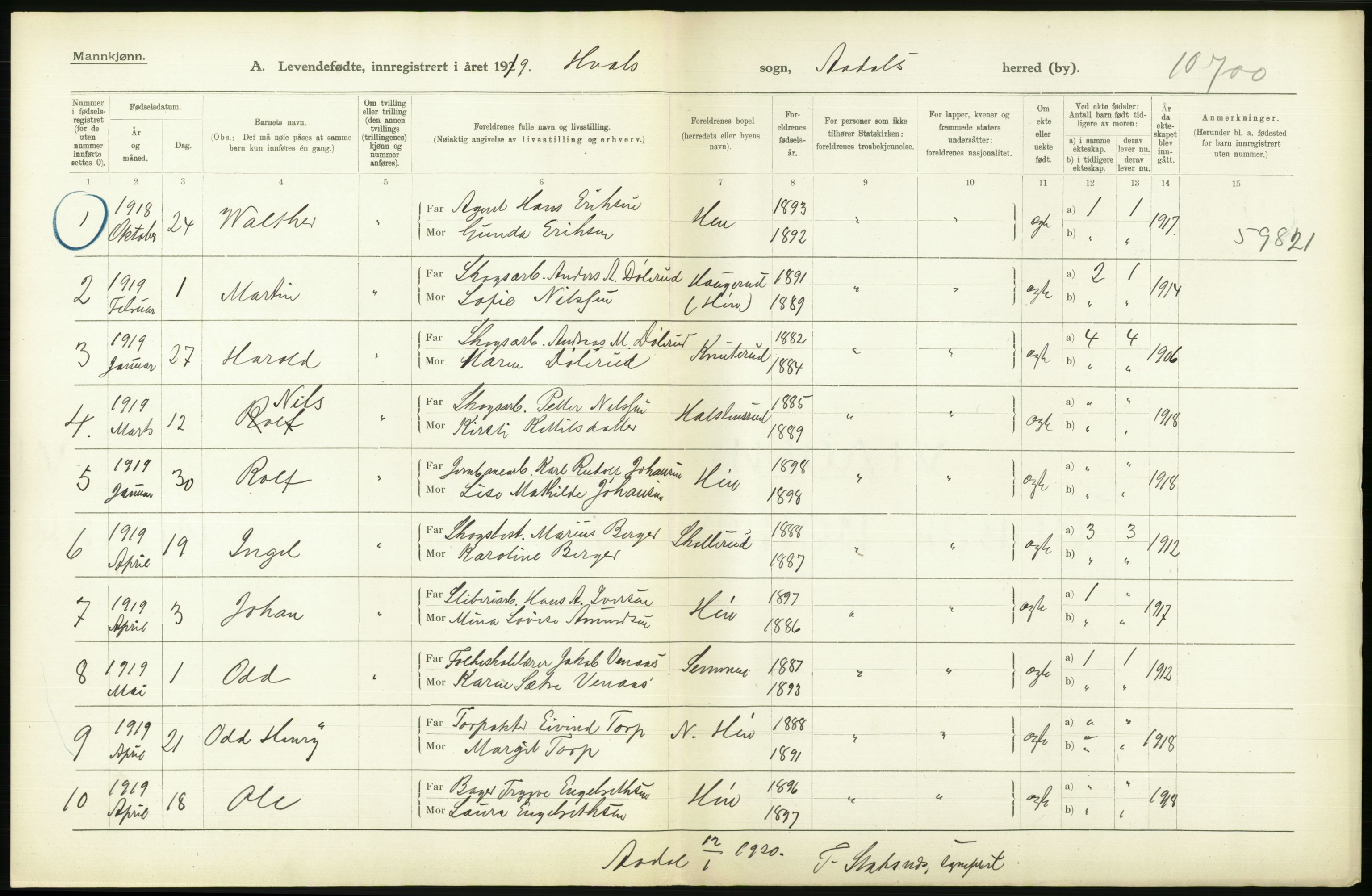 Statistisk sentralbyrå, Sosiodemografiske emner, Befolkning, RA/S-2228/D/Df/Dfb/Dfbi/L0016: Buskerud fylke: Levendefødte menn og kvinner. Bygder., 1919, s. 512