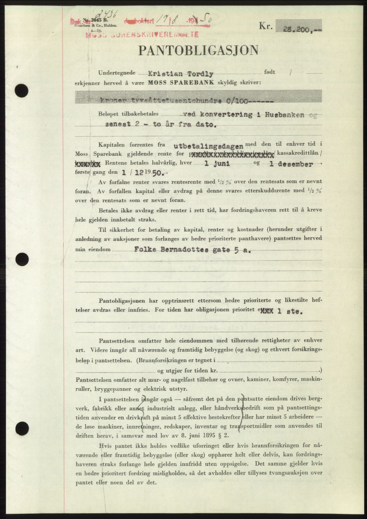 Moss sorenskriveri, SAO/A-10168: Pantebok nr. B25, 1950-1950, Dagboknr: 2436/1950