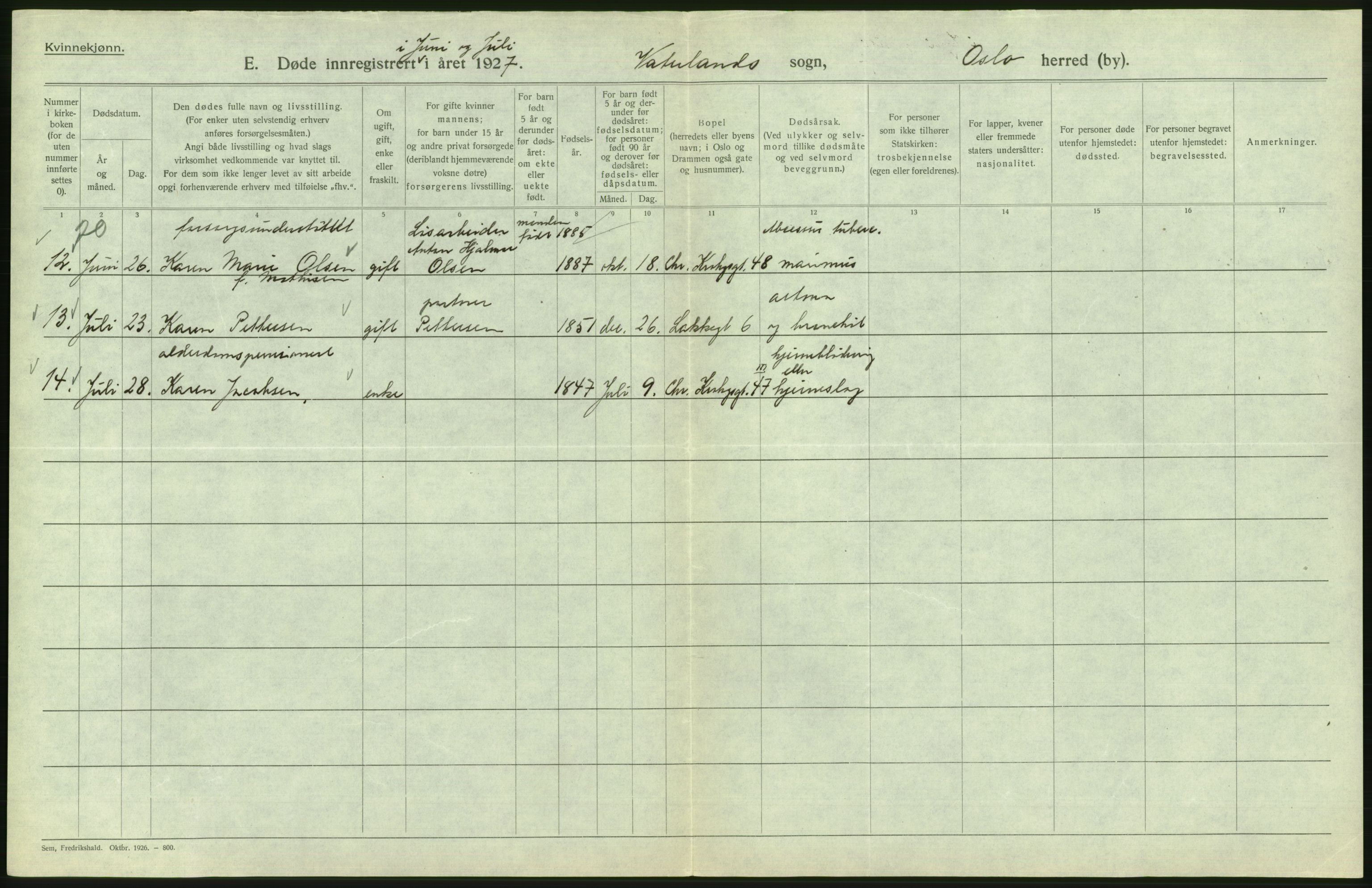 Statistisk sentralbyrå, Sosiodemografiske emner, Befolkning, AV/RA-S-2228/D/Df/Dfc/Dfcg/L0010: Oslo: Døde kvinner, dødfødte, 1927, s. 594