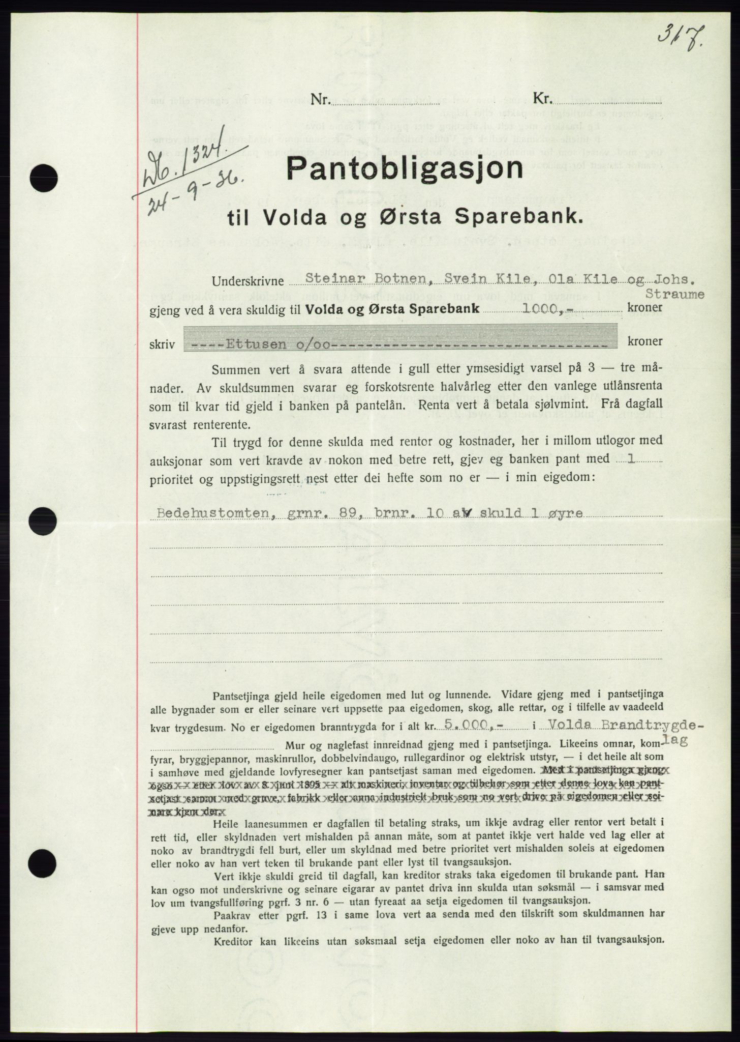 Søre Sunnmøre sorenskriveri, AV/SAT-A-4122/1/2/2C/L0061: Pantebok nr. 55, 1936-1936, Dagboknr: 1324/1936