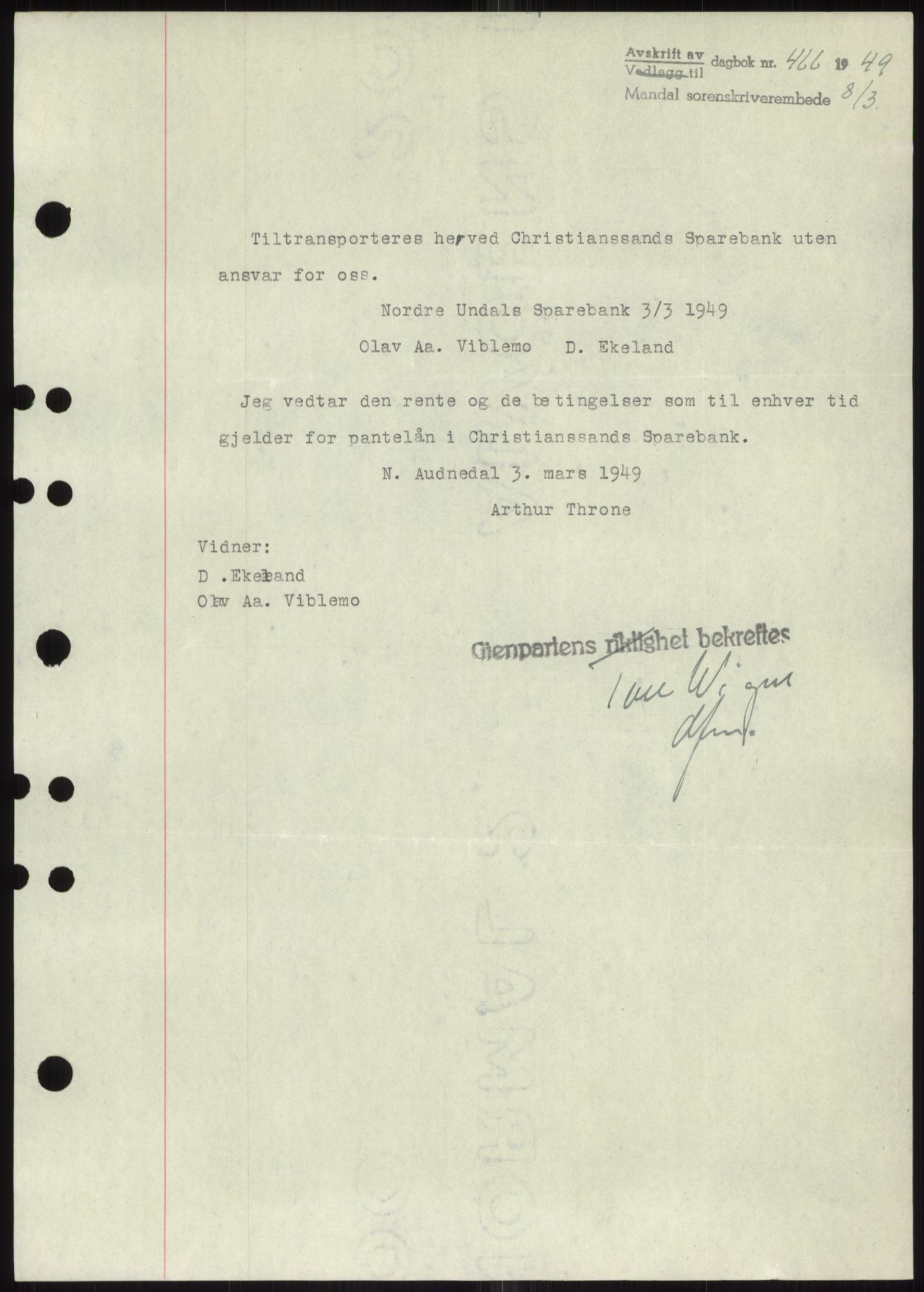 Mandal sorenskriveri, SAK/1221-0005/001/G/Gb/Gbb/L0002: Pantebok nr. B-2 - B-3, 1946-1950, Dagboknr: 466/1949