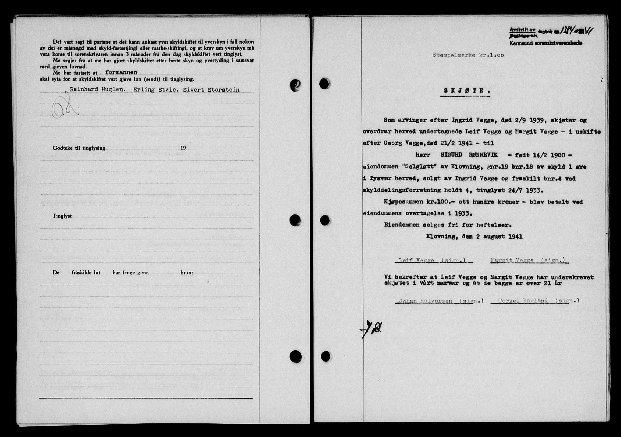 Karmsund sorenskriveri, SAST/A-100311/01/II/IIB/L0075: Pantebok nr. 56A, 1941-1941, Dagboknr: 1384/1941