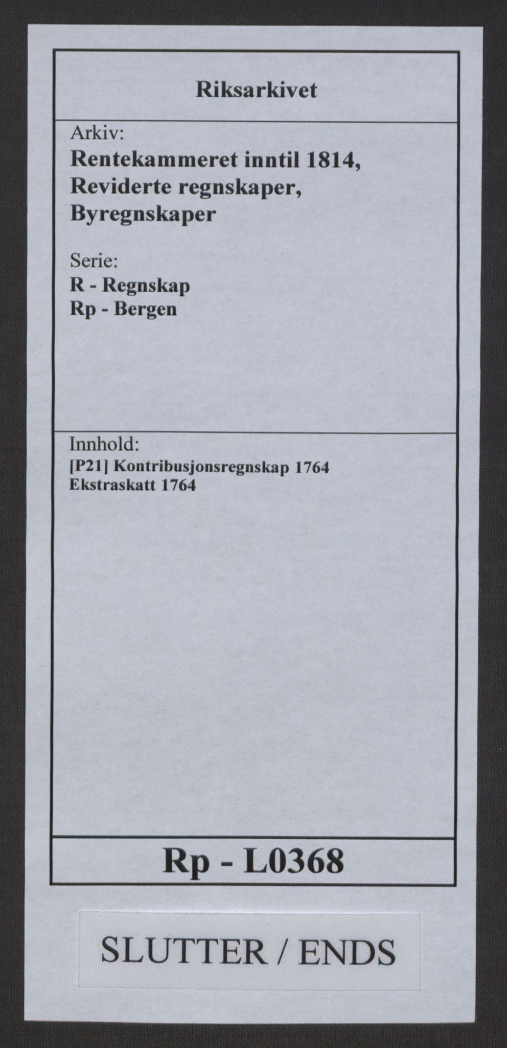 Rentekammeret inntil 1814, Reviderte regnskaper, Byregnskaper, AV/RA-EA-4066/R/Rp/L0368/0001: [P21] Kontribusjonsregnskap / Ekstraskatt, 1764, s. 296