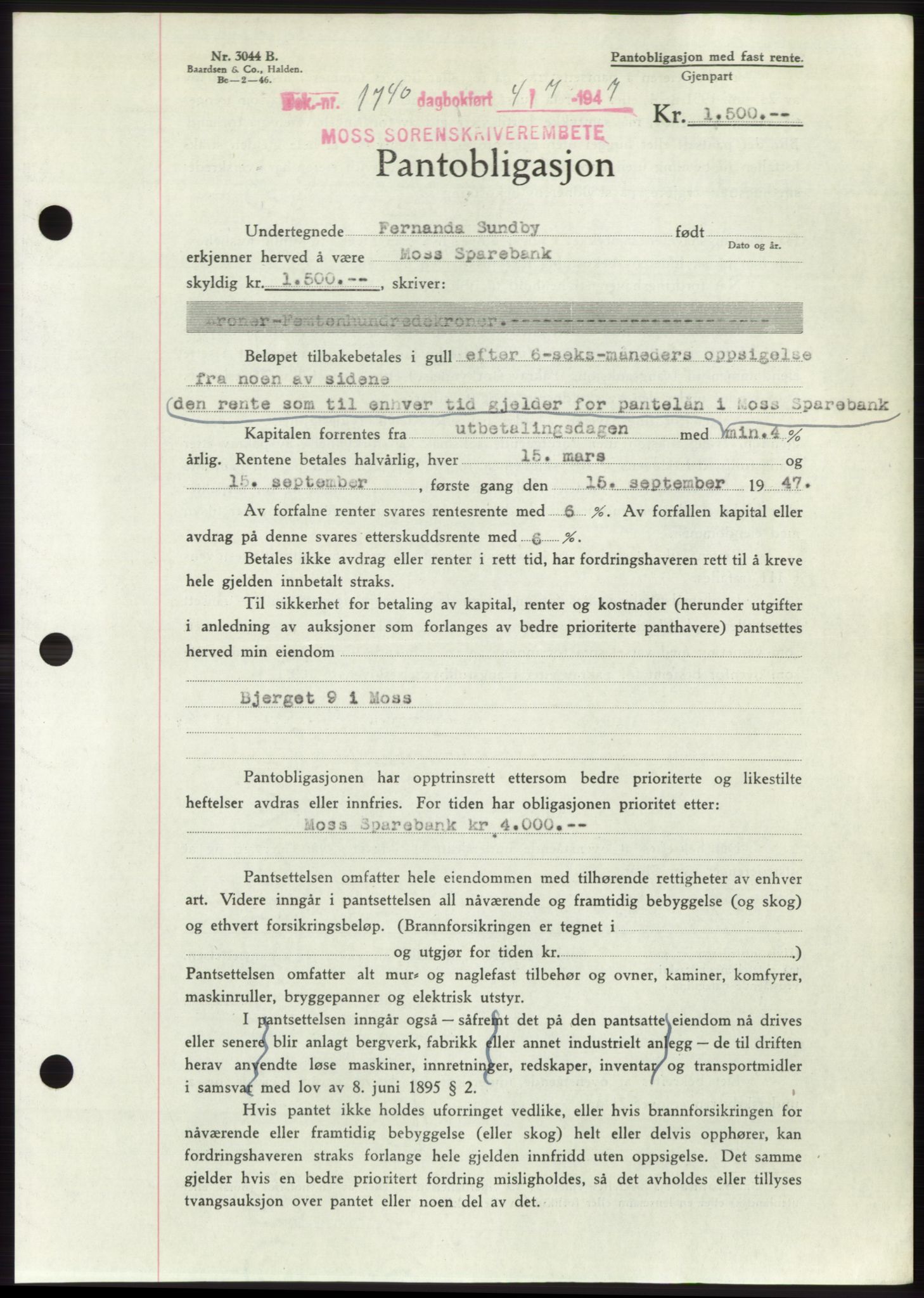 Moss sorenskriveri, SAO/A-10168: Pantebok nr. B17, 1947-1947, Dagboknr: 1740/1947
