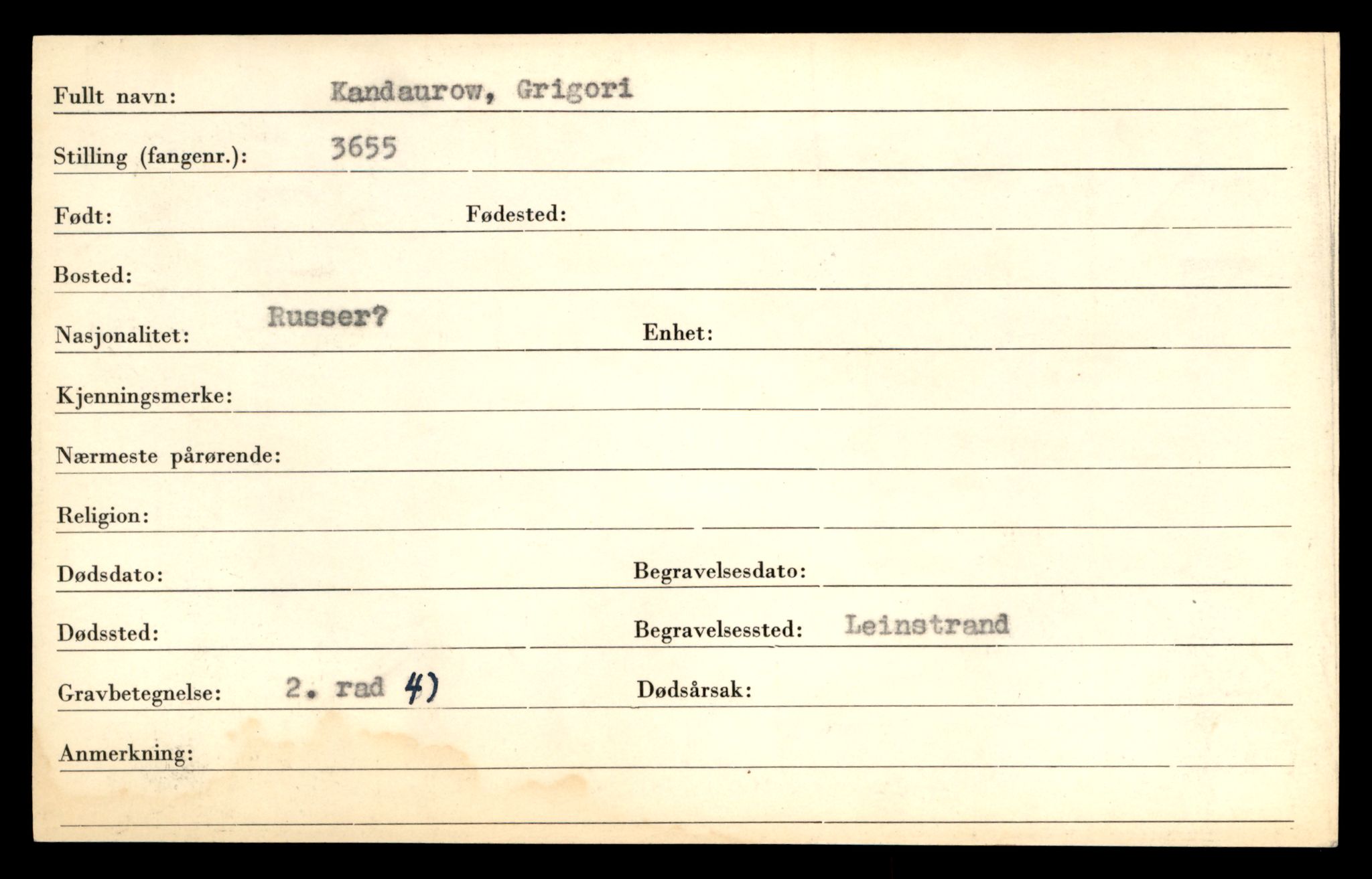 Distriktskontoret for krigsgraver, SAT/A-5030/E/L0005: Kasett/kartotek over falne Britiske og tyske solater, samt andre nasjoners krigsgraver, 1945, s. 1223