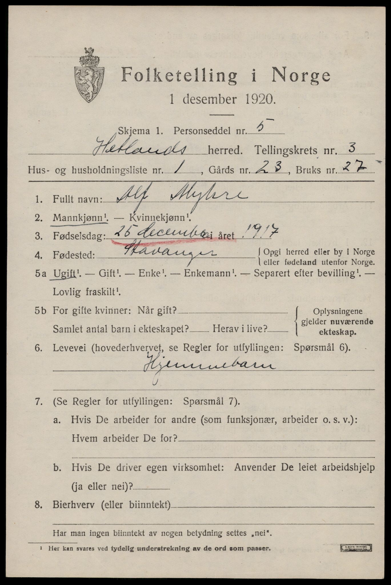 SAST, Folketelling 1920 for 1126 Hetland herred, 1920, s. 5217