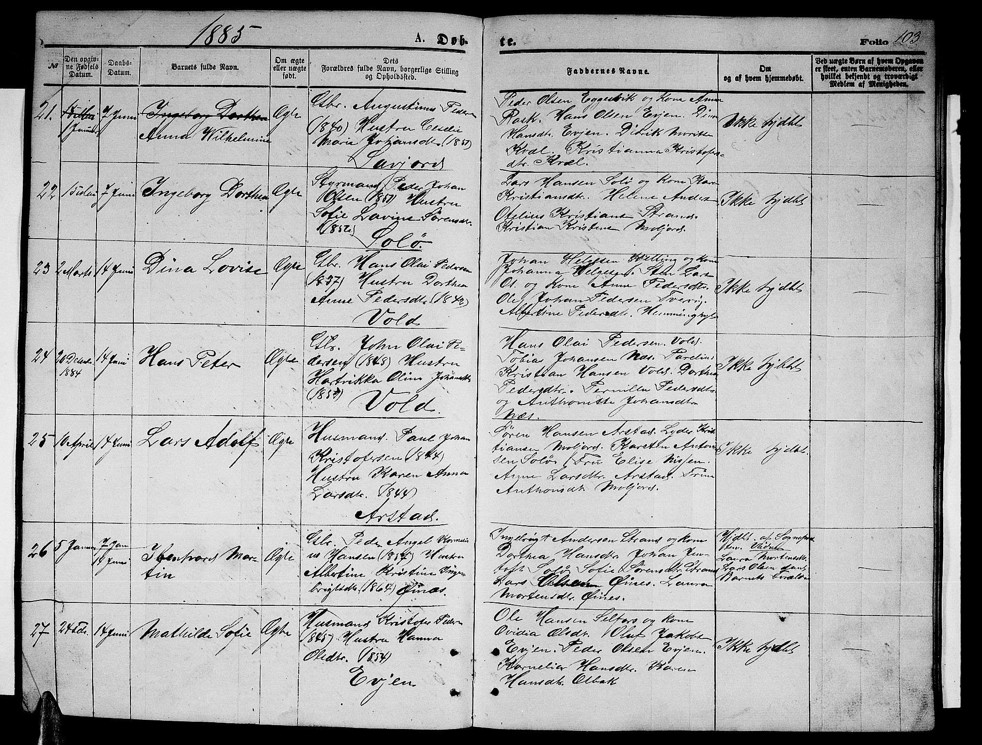 Ministerialprotokoller, klokkerbøker og fødselsregistre - Nordland, AV/SAT-A-1459/846/L0653: Klokkerbok nr. 846C03, 1872-1887, s. 103