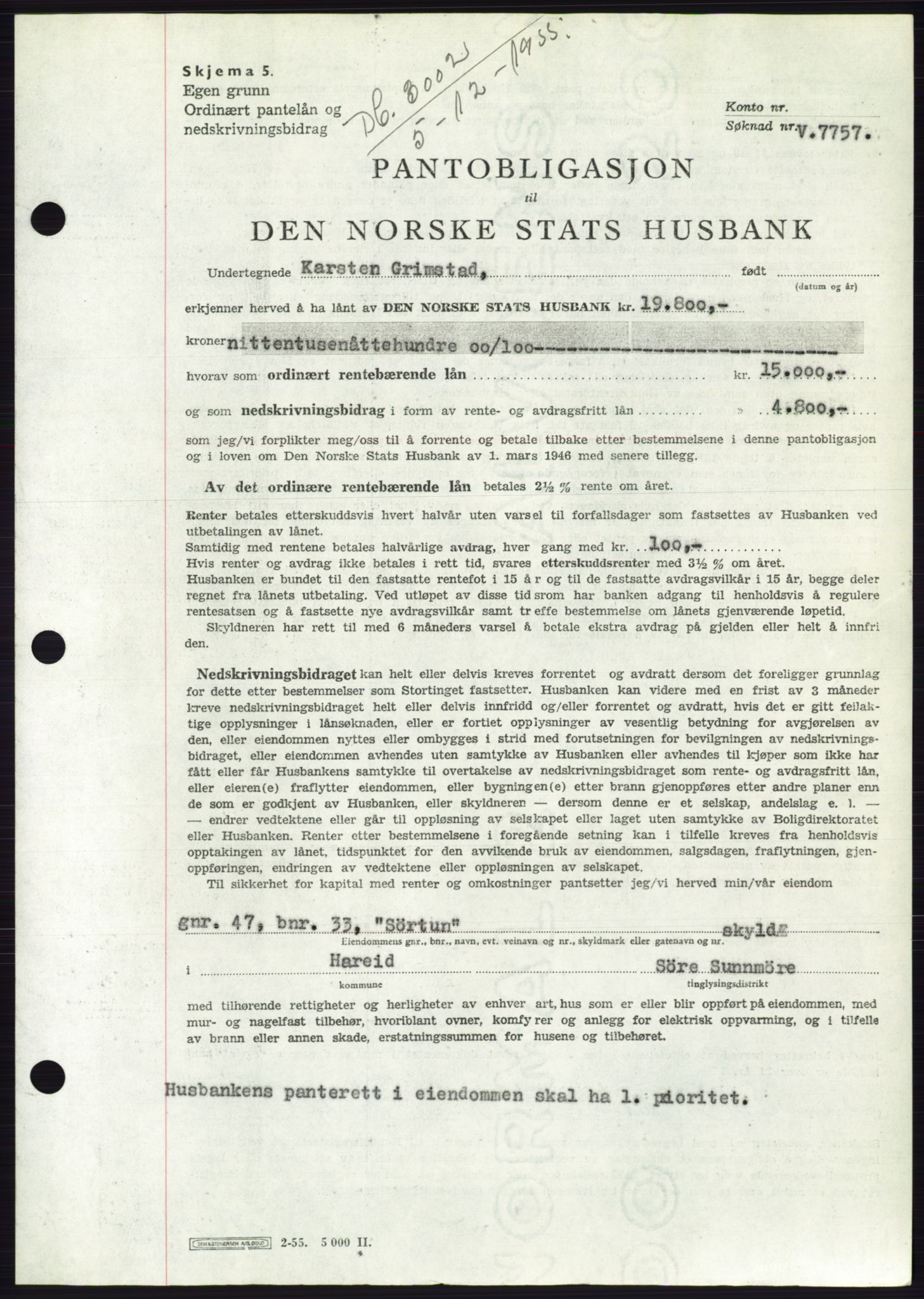 Søre Sunnmøre sorenskriveri, SAT/A-4122/1/2/2C/L0127: Pantebok nr. 15B, 1955-1955, Dagboknr: 3002/1955
