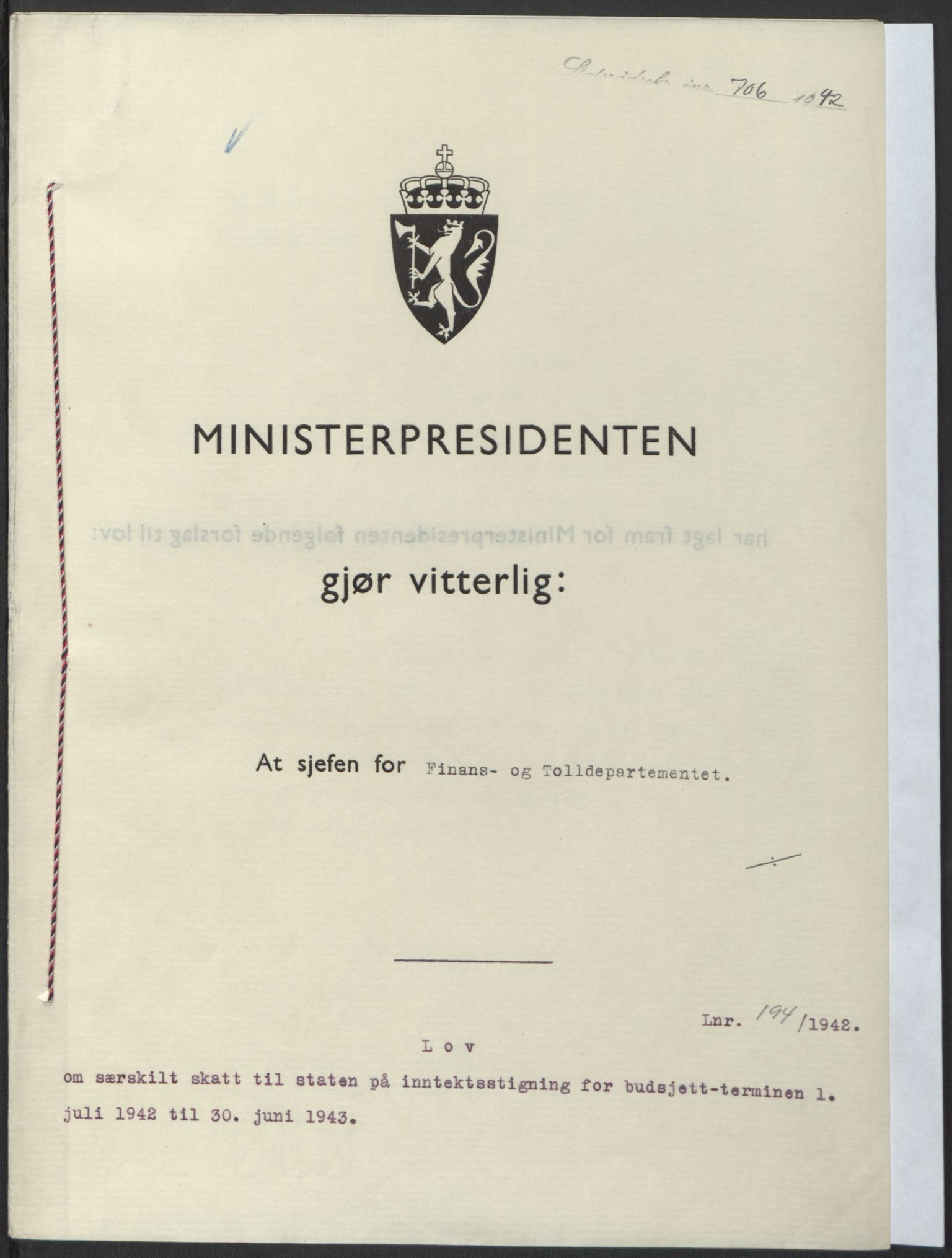 NS-administrasjonen 1940-1945 (Statsrådsekretariatet, de kommisariske statsråder mm), AV/RA-S-4279/D/Db/L0098: Lover II, 1942, s. 388