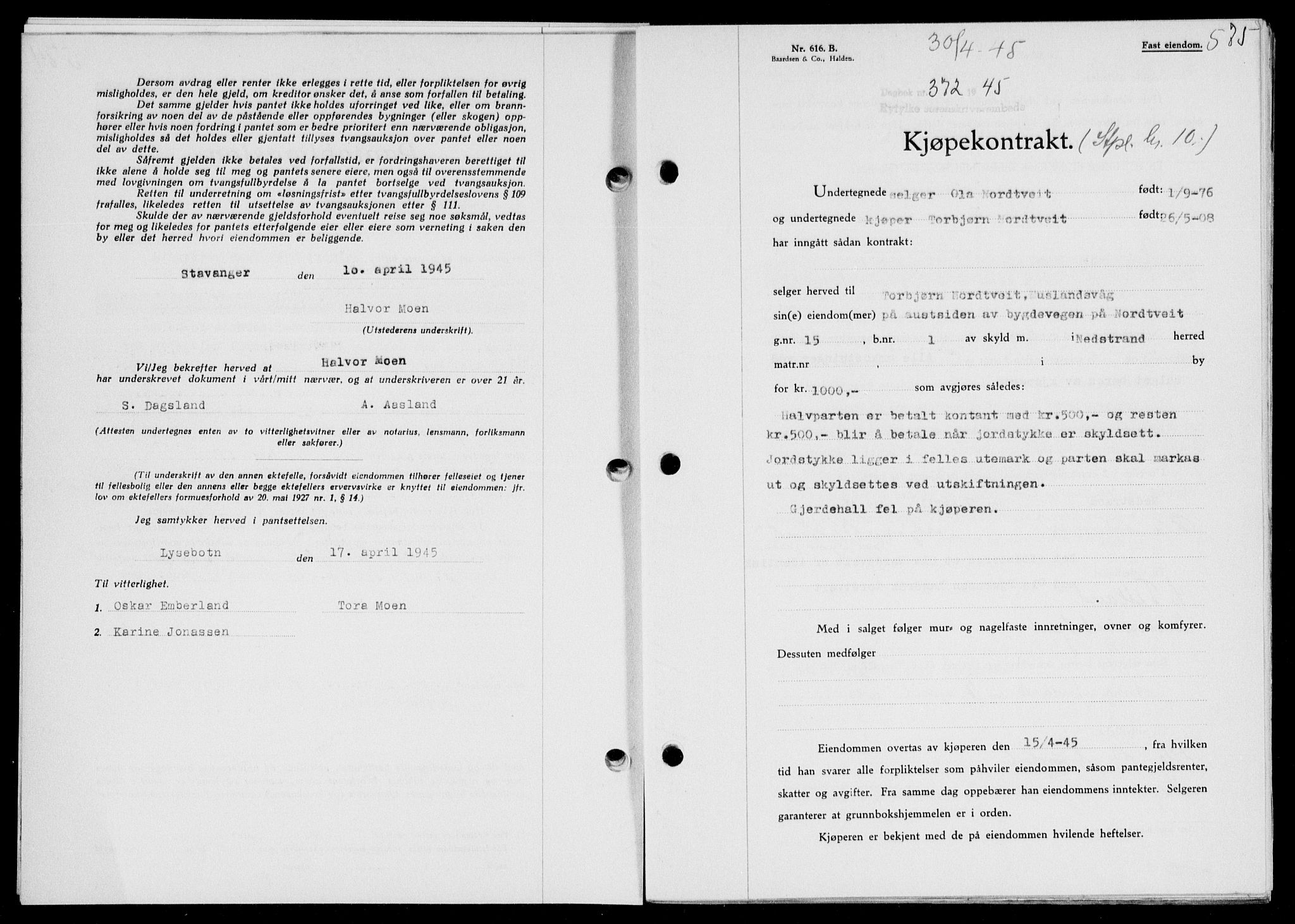 Ryfylke tingrett, SAST/A-100055/001/II/IIB/L0090: Pantebok nr. 69, 1943-1945, Dagboknr: 372/1945