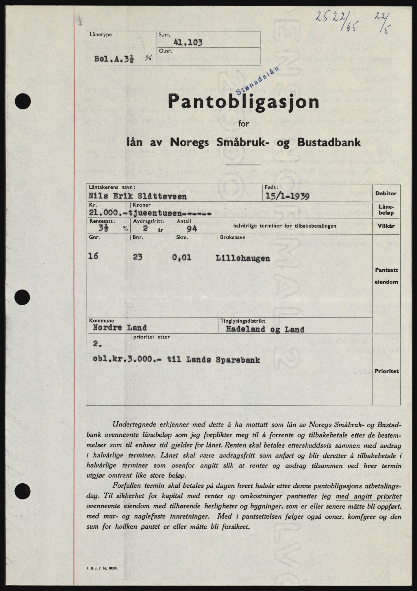 Hadeland og Land tingrett, SAH/TING-010/H/Hb/Hbc/L0058: Pantebok nr. B58, 1965-1965, Dagboknr: 2522/1965
