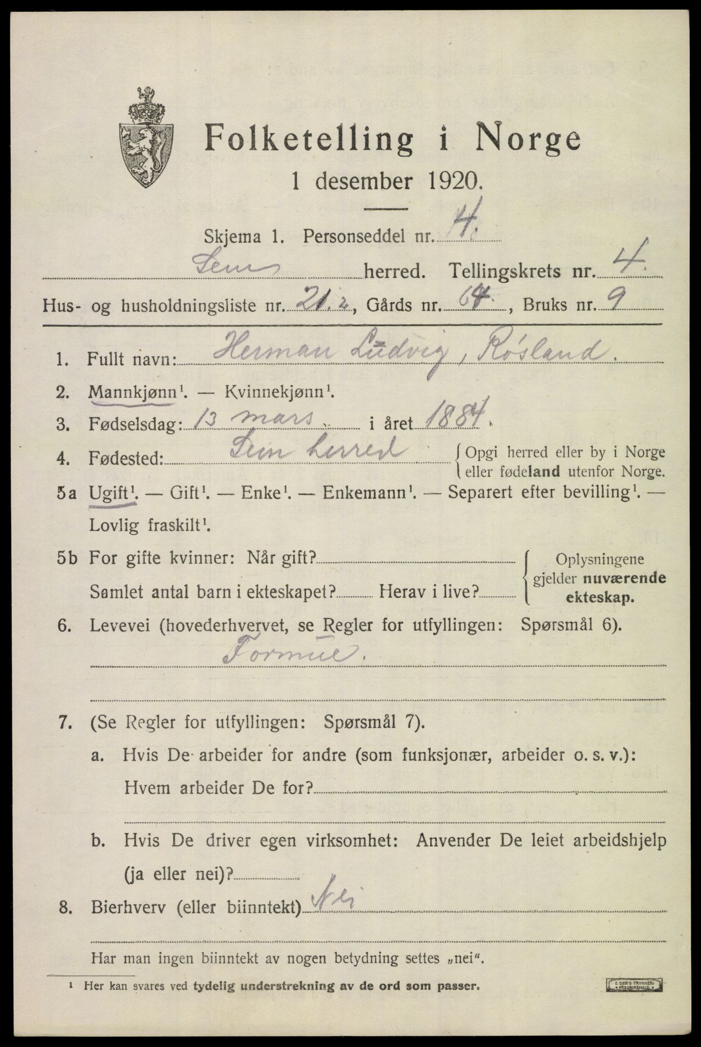 SAKO, Folketelling 1920 for 0721 Sem herred, 1920, s. 7311