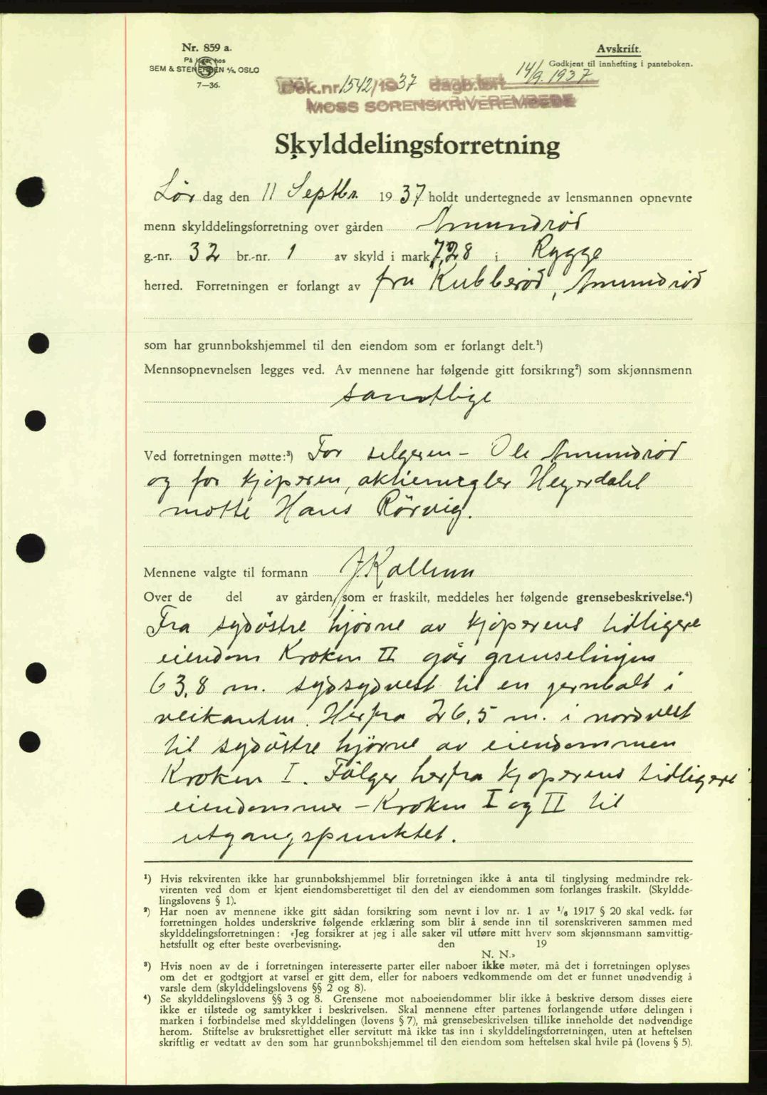Moss sorenskriveri, SAO/A-10168: Pantebok nr. A3, 1937-1938, Dagboknr: 1542/1937